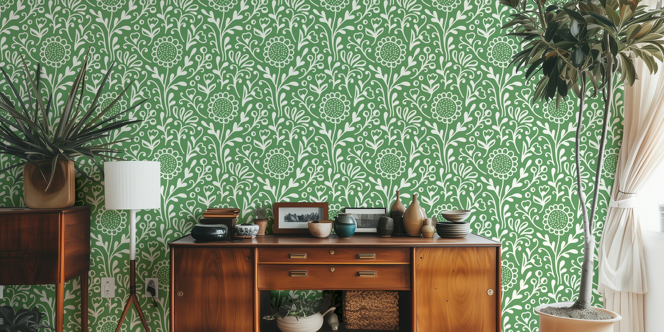Green floral wallpaper with hand-drawn wildflowers and leaves