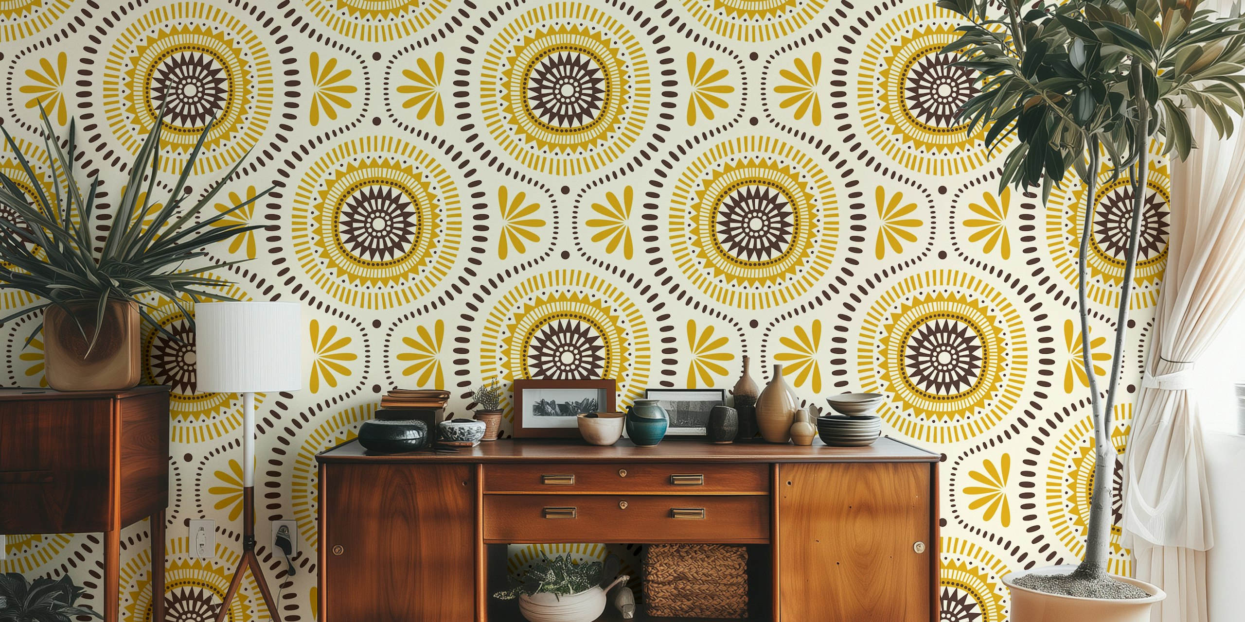 Geometric floral pattern in yellow and brown wallpaper