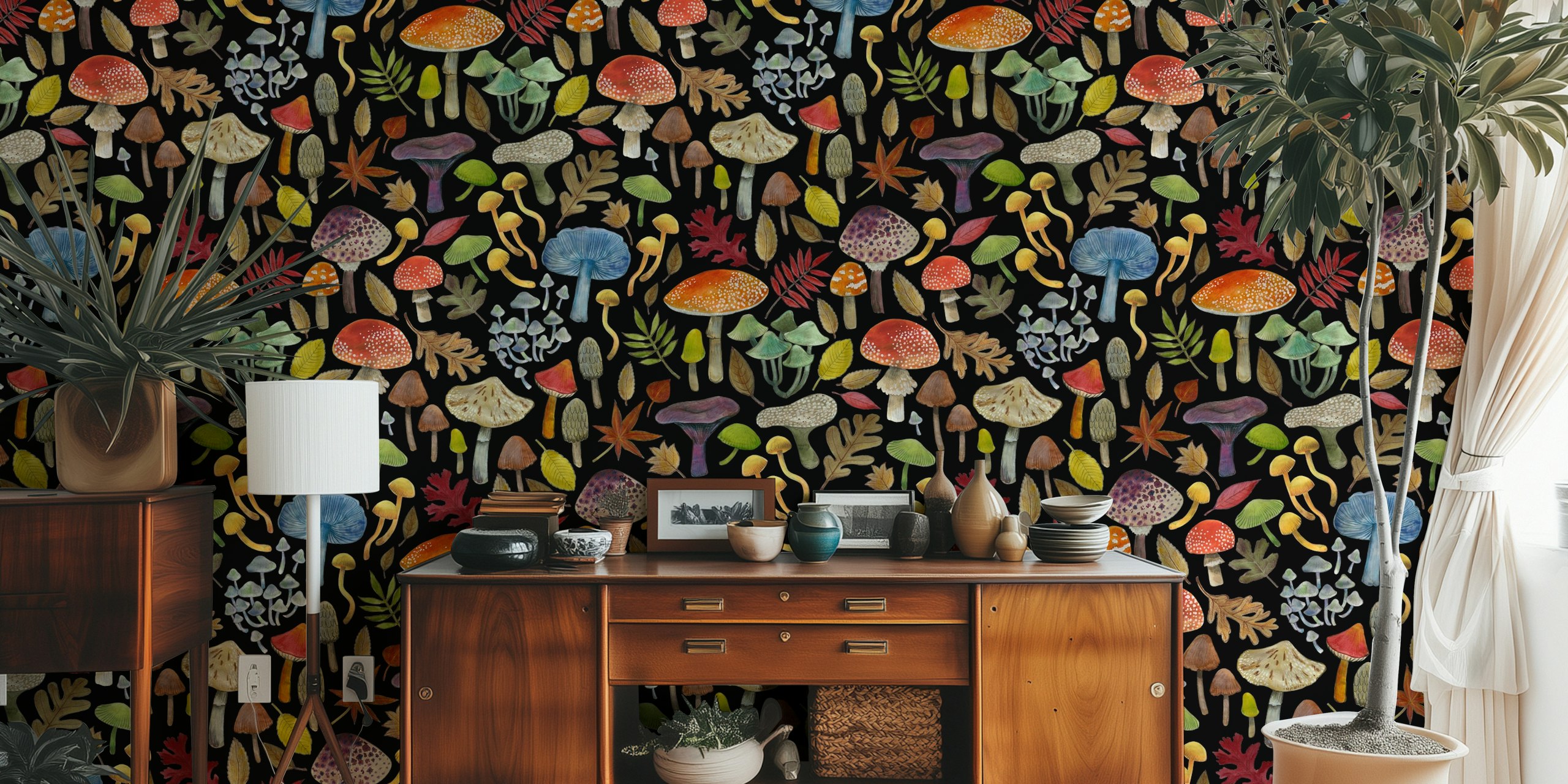Watercolour toadstools and autumn leaves wallpaper
