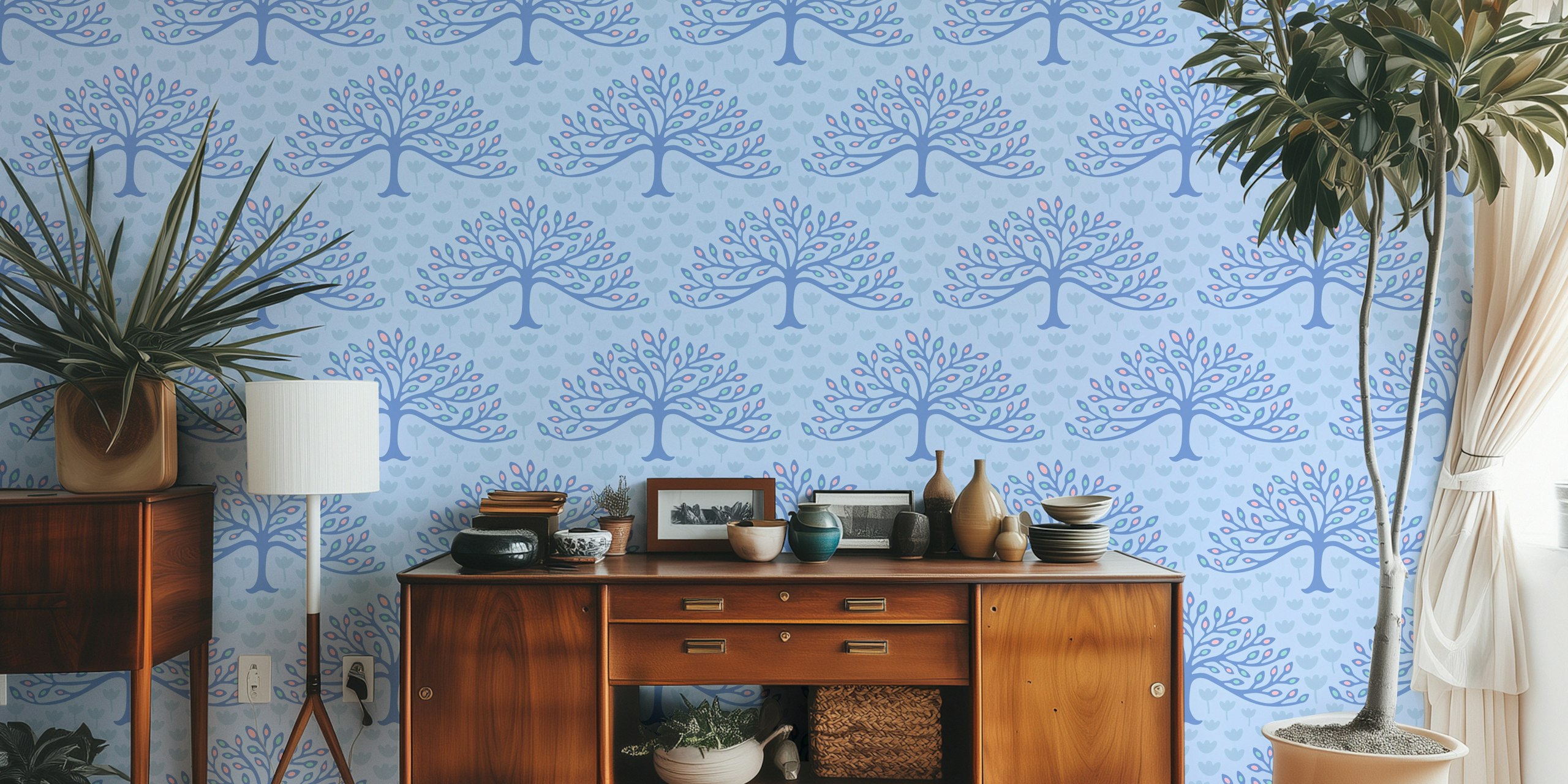 Orchard Fruit Trees and Tulips wallpaper design