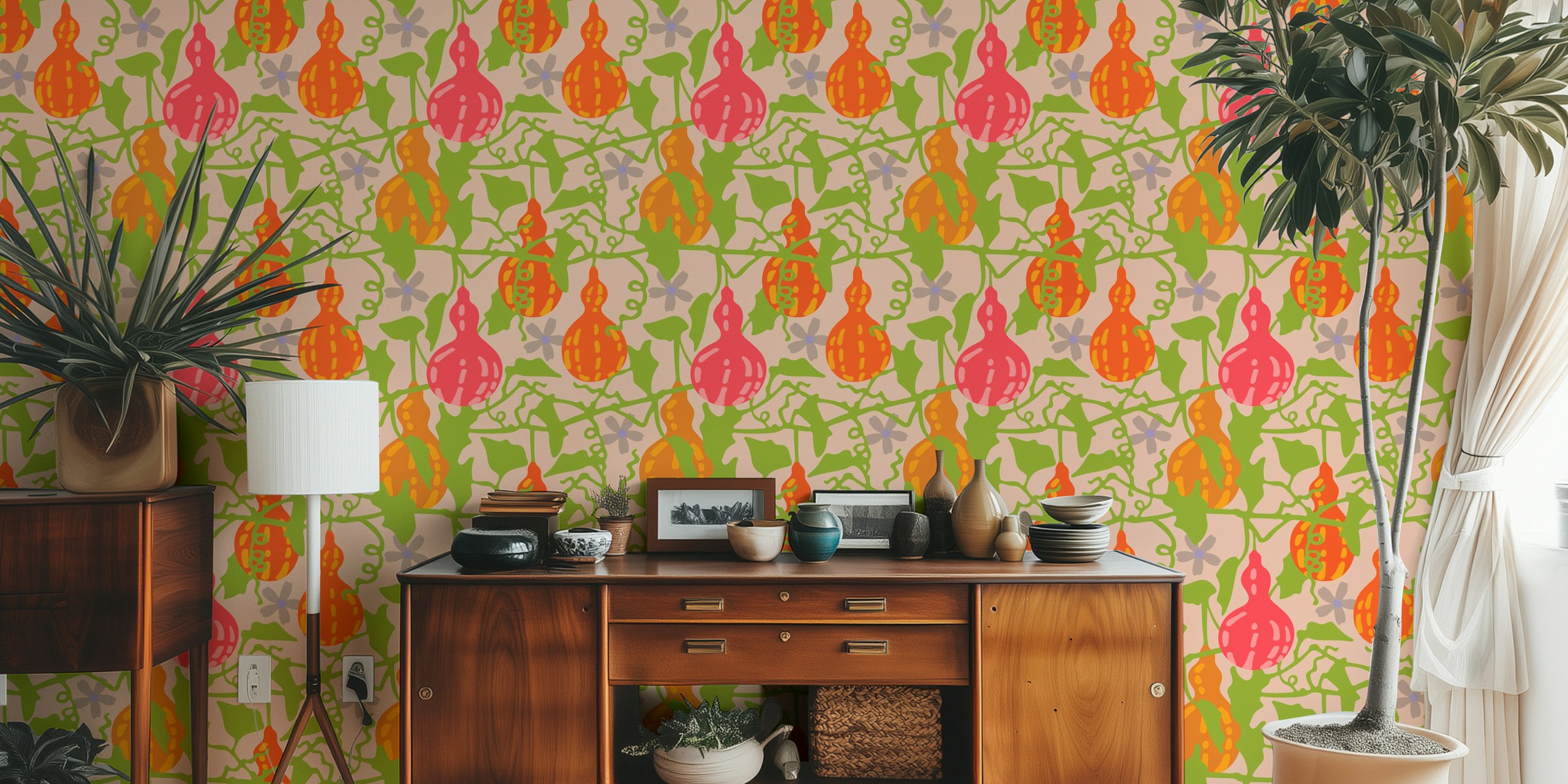 Tropisk IPU Mod Tropical Hawaiian Fruit Gourds Floral tapetdesign i et rum