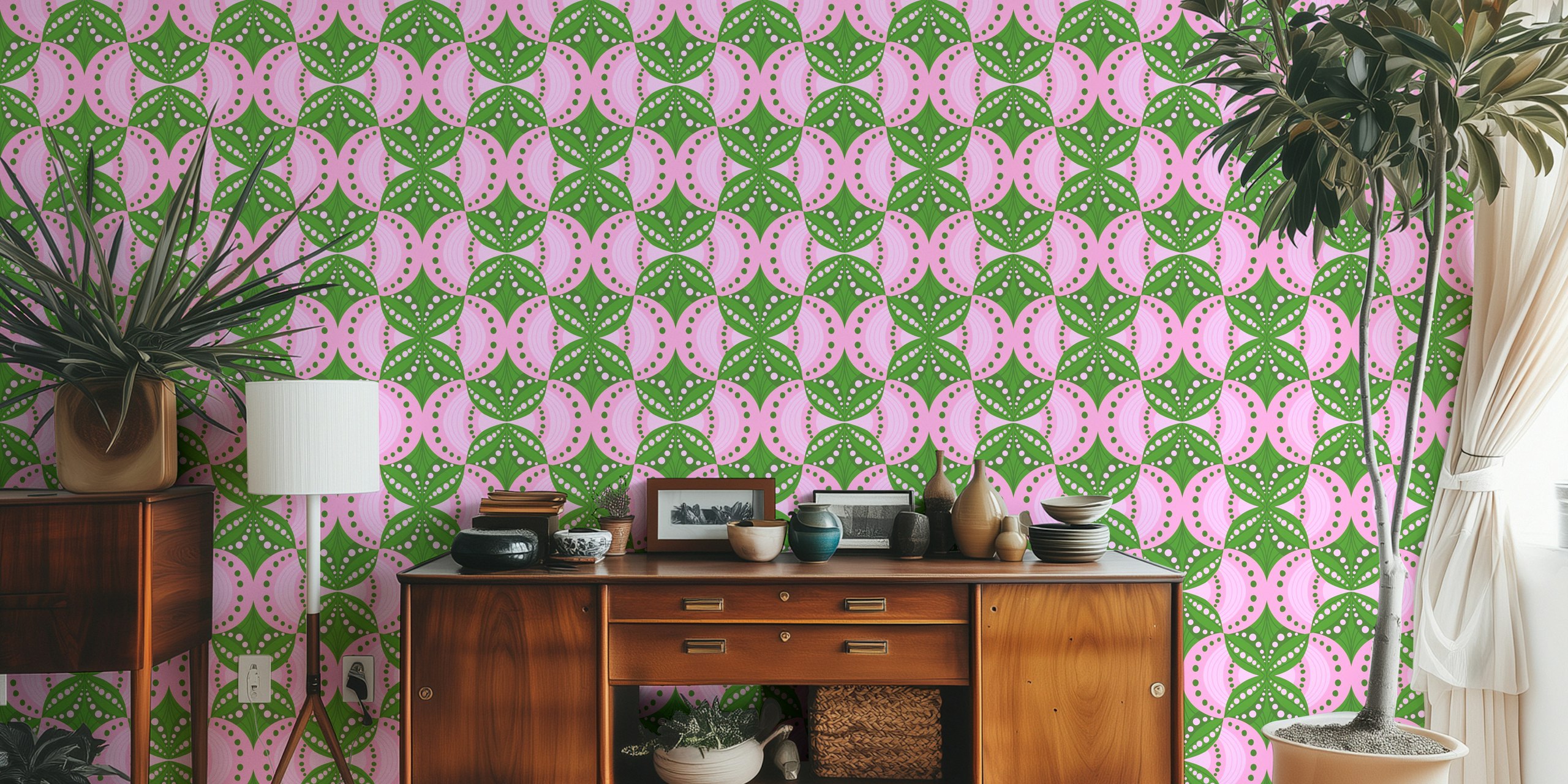 Green and pink geometric scallops wallpaper