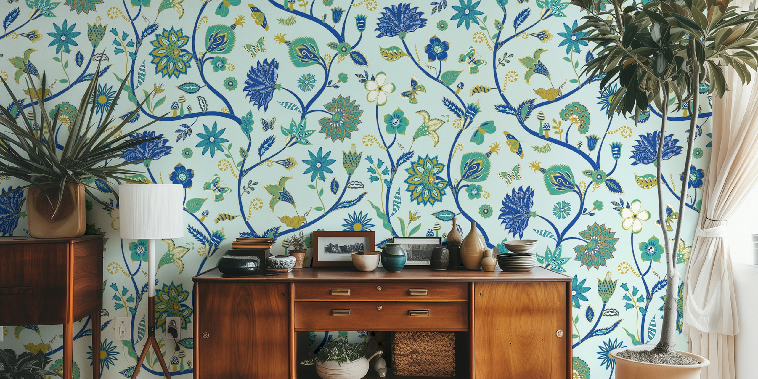 Colorful floral patterns in blue and green tones wallpaper