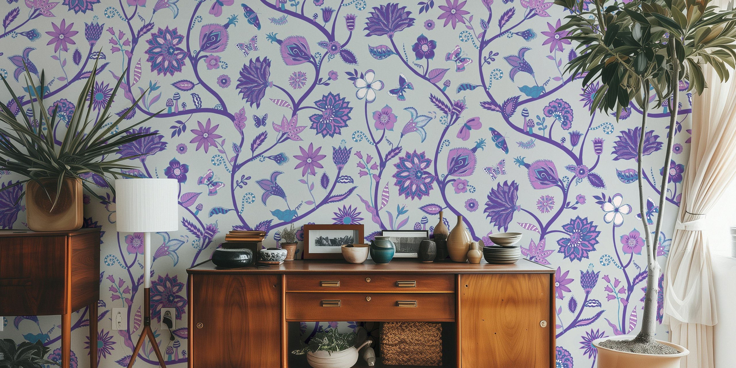 Floral design with violet, blue, and silver elements wall mural