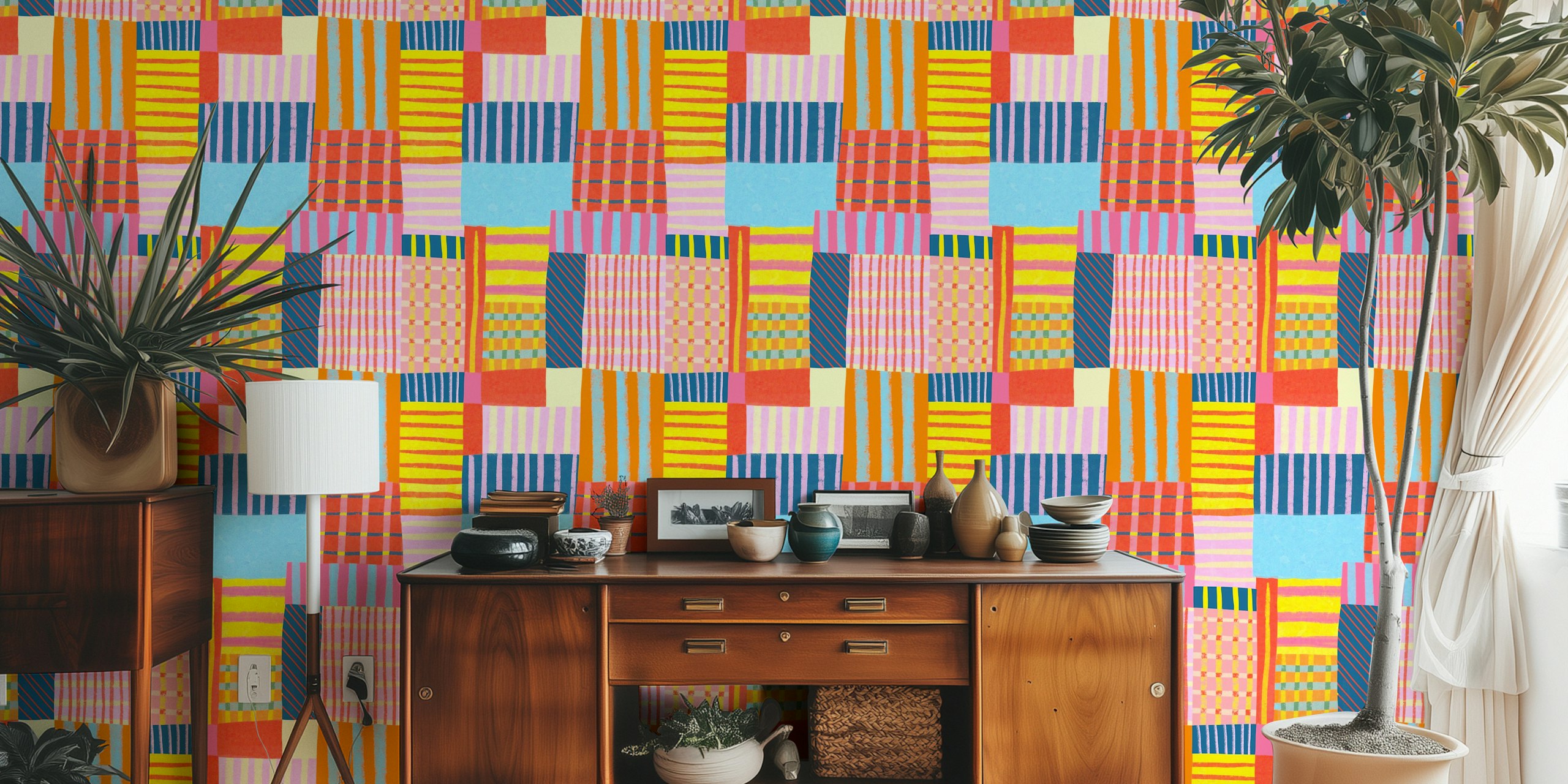 Tapeta Bright patchwork izložena u sobi