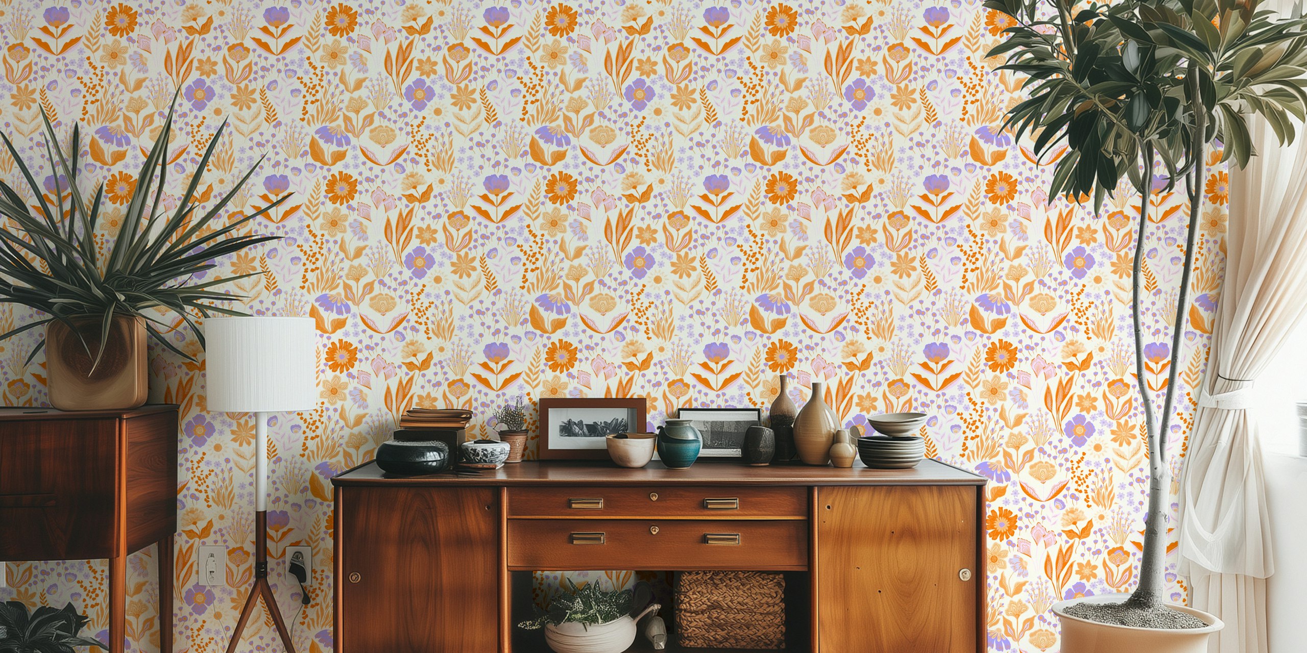 Dancing Boho Florals wallpaper in a room
