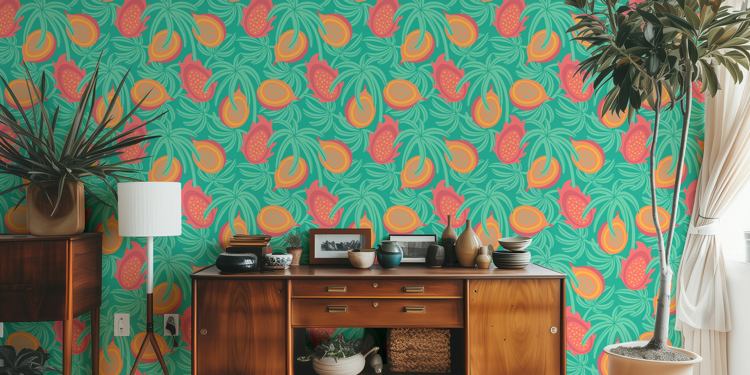 Lilikoi and Dragonfruit wallpaper design in room