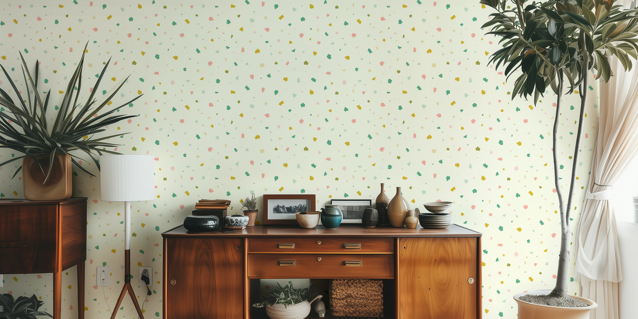 Colorful terrazzo pattern in teal, pink, and gold wallpaper
