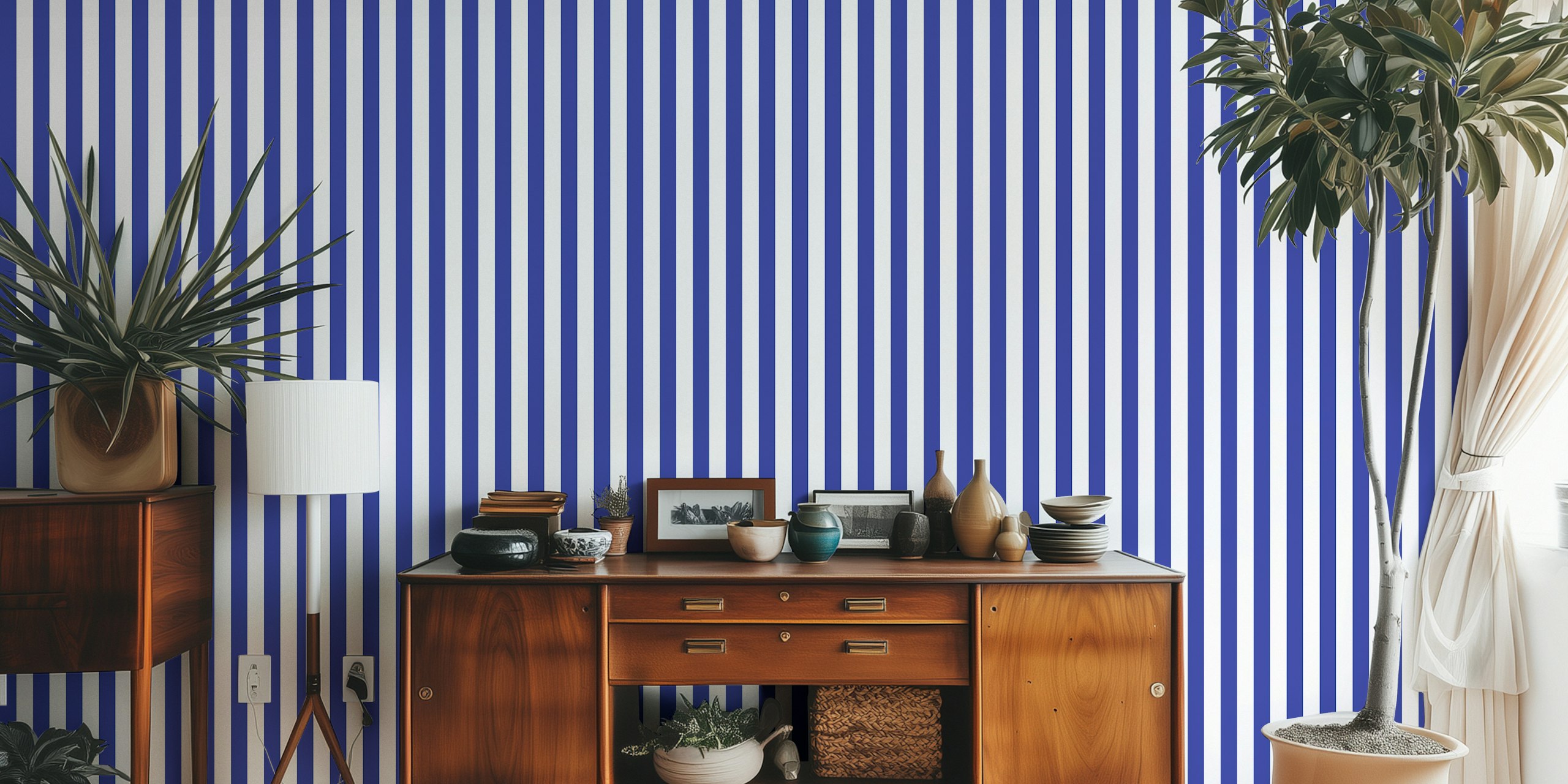 Blue and white stripes wallpaper in a room