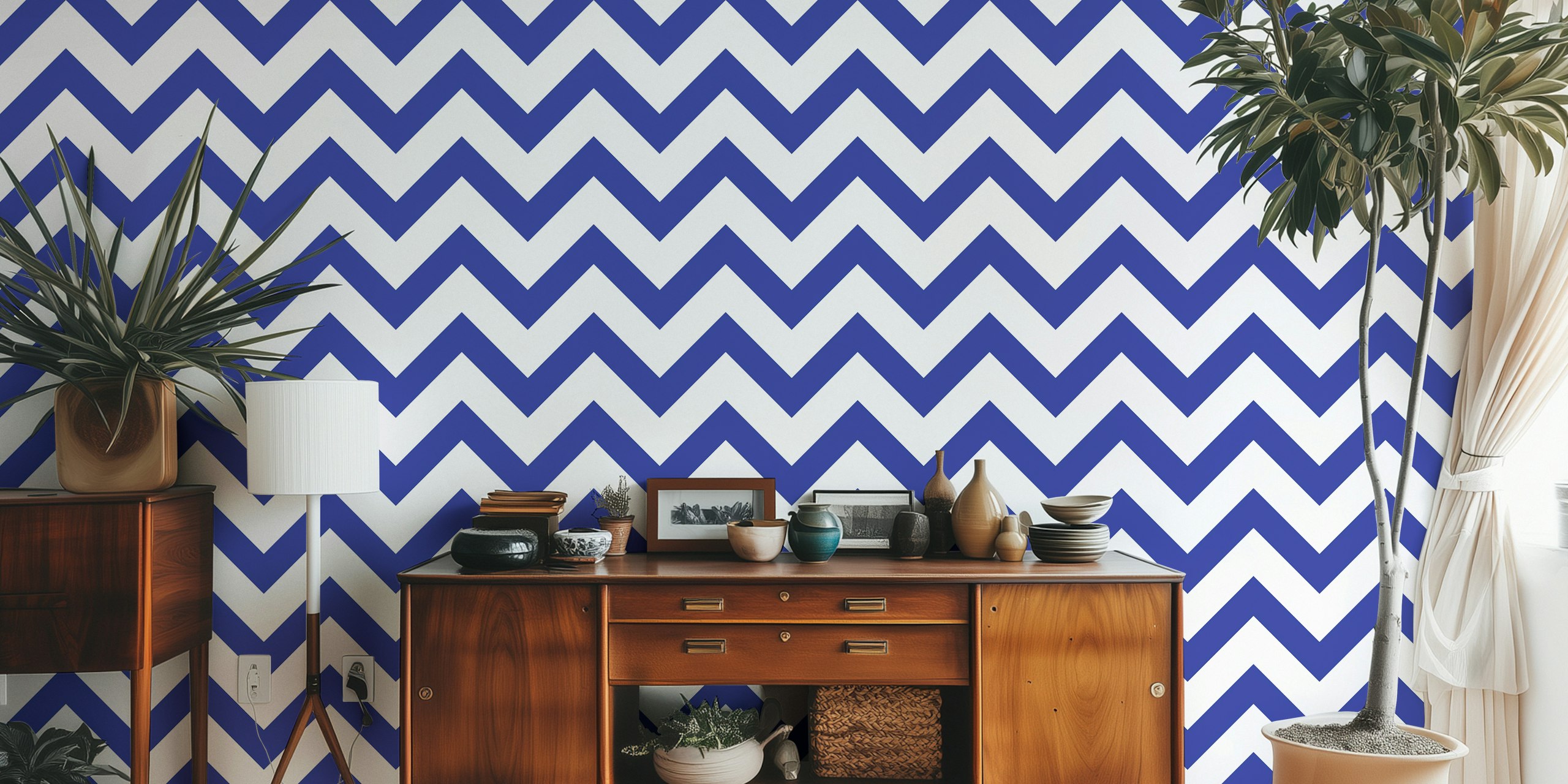 Chevron blue and white wallpaper in a room