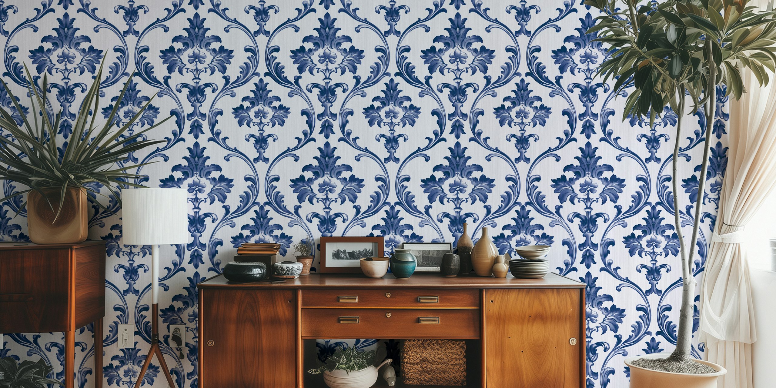 Delft blue floral damask pattern wallpaper with intricate designs
