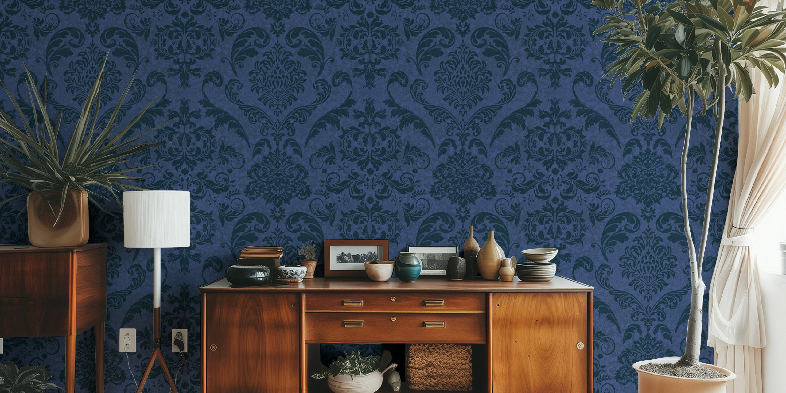 Dark Vintage Damask Midnight Blue wallpaper in a room