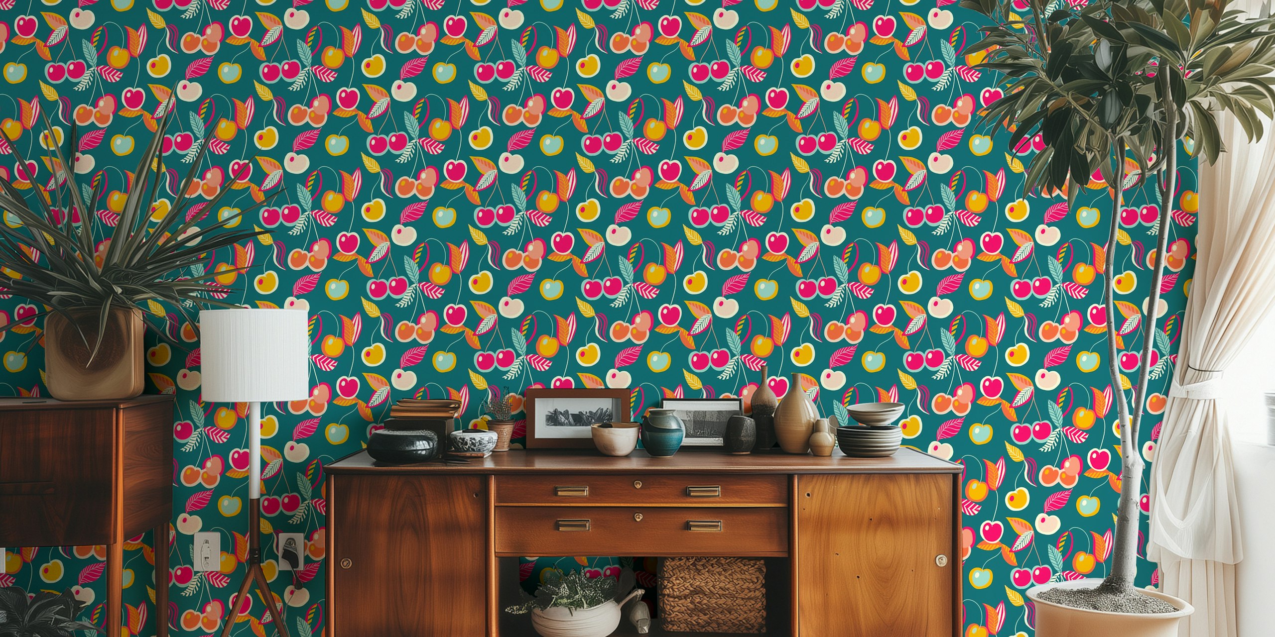 Colorful cherry fruit design with pink, teal, and orange colors wallpaper