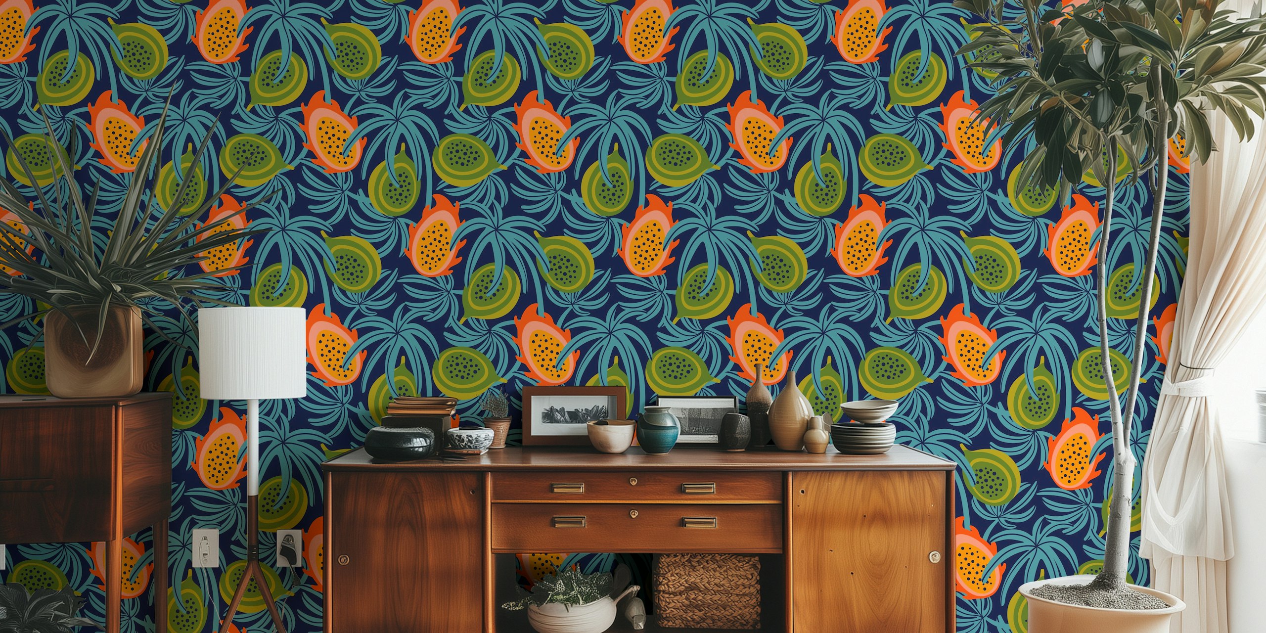 Tropical fruit wallpaper in a room
