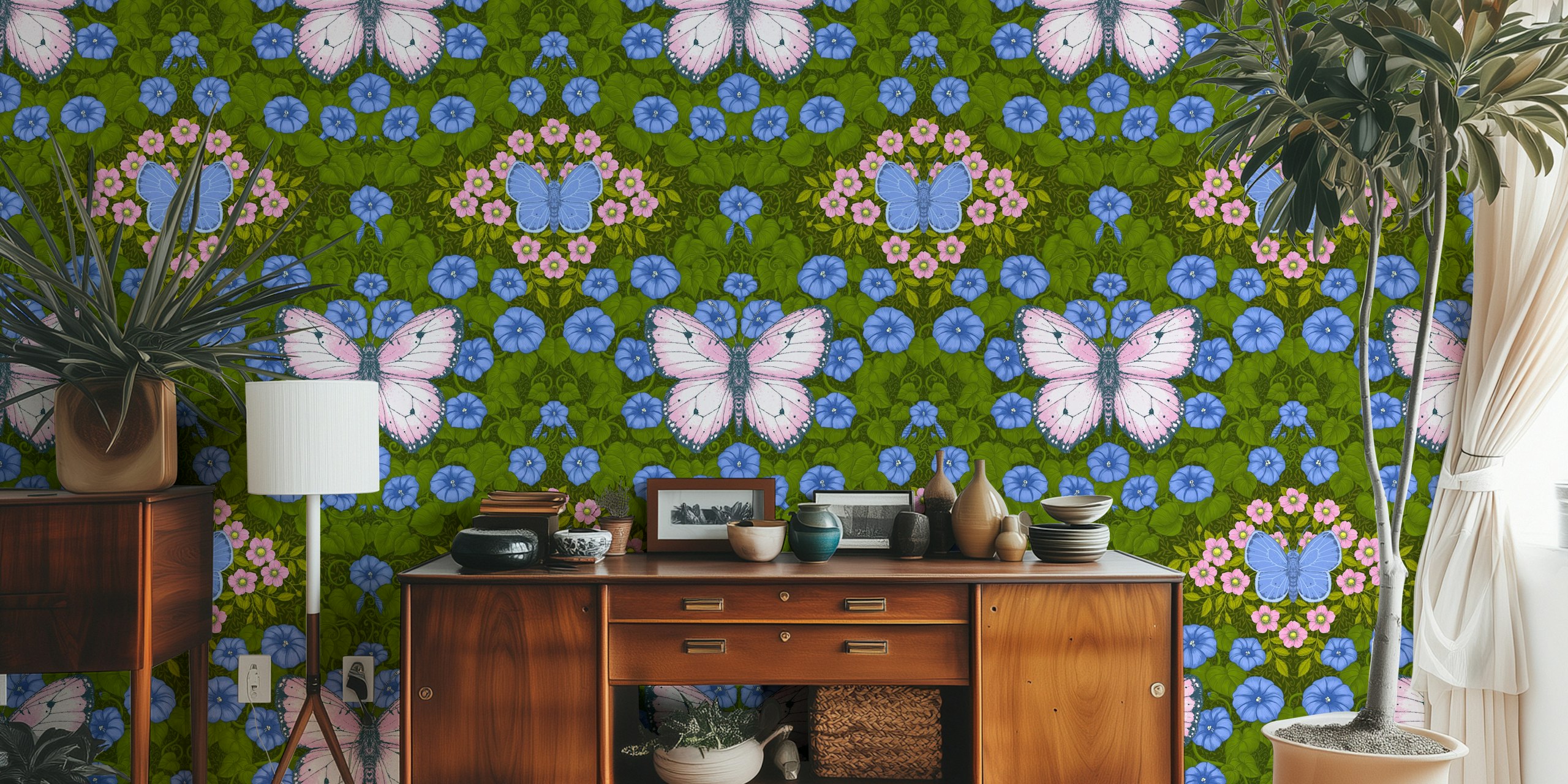Blue butterflies and purple flowers with green foliage wallpaper