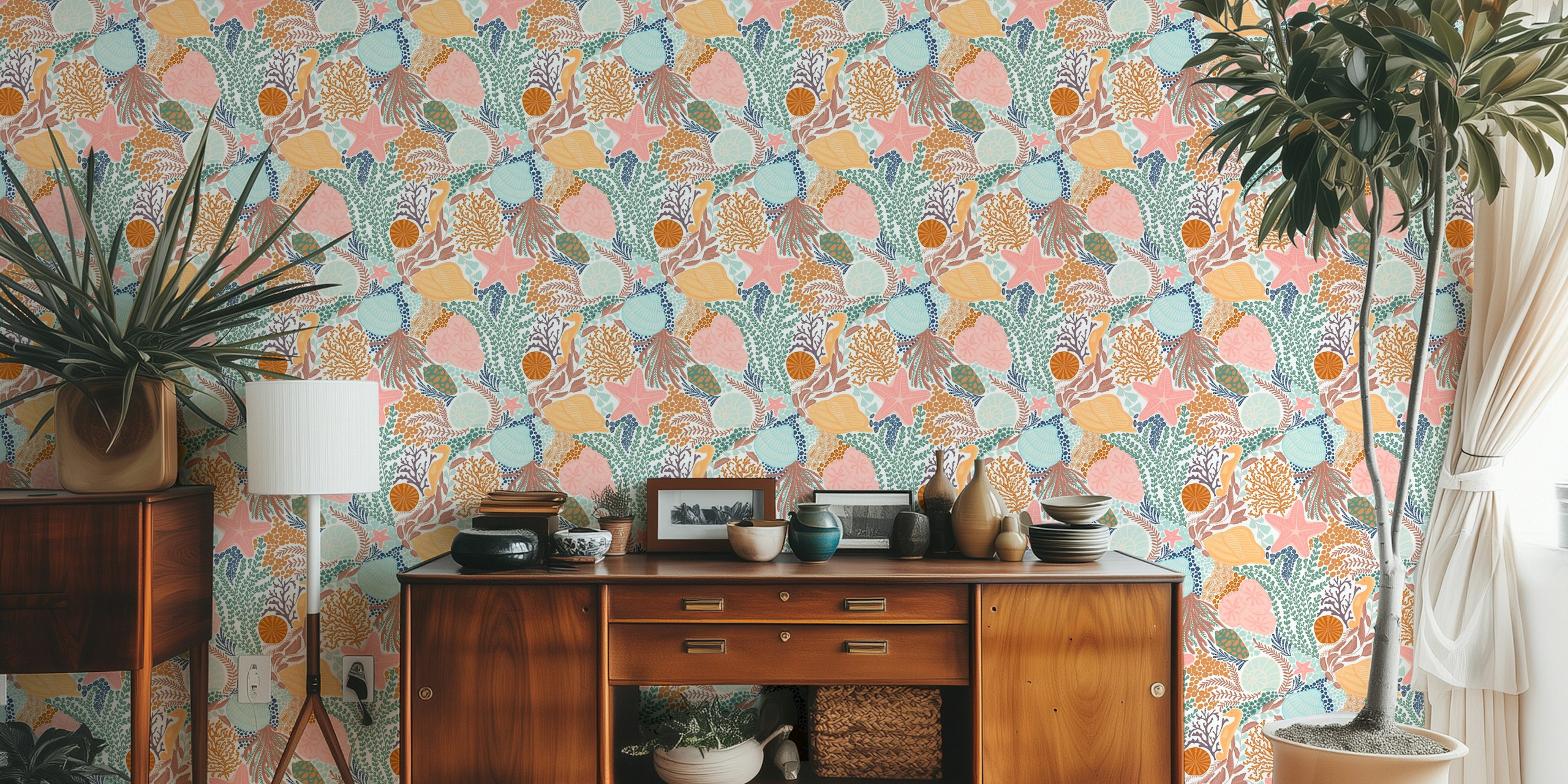Colorful seashells and coral patterns in pink, blue, and orange wallpaper