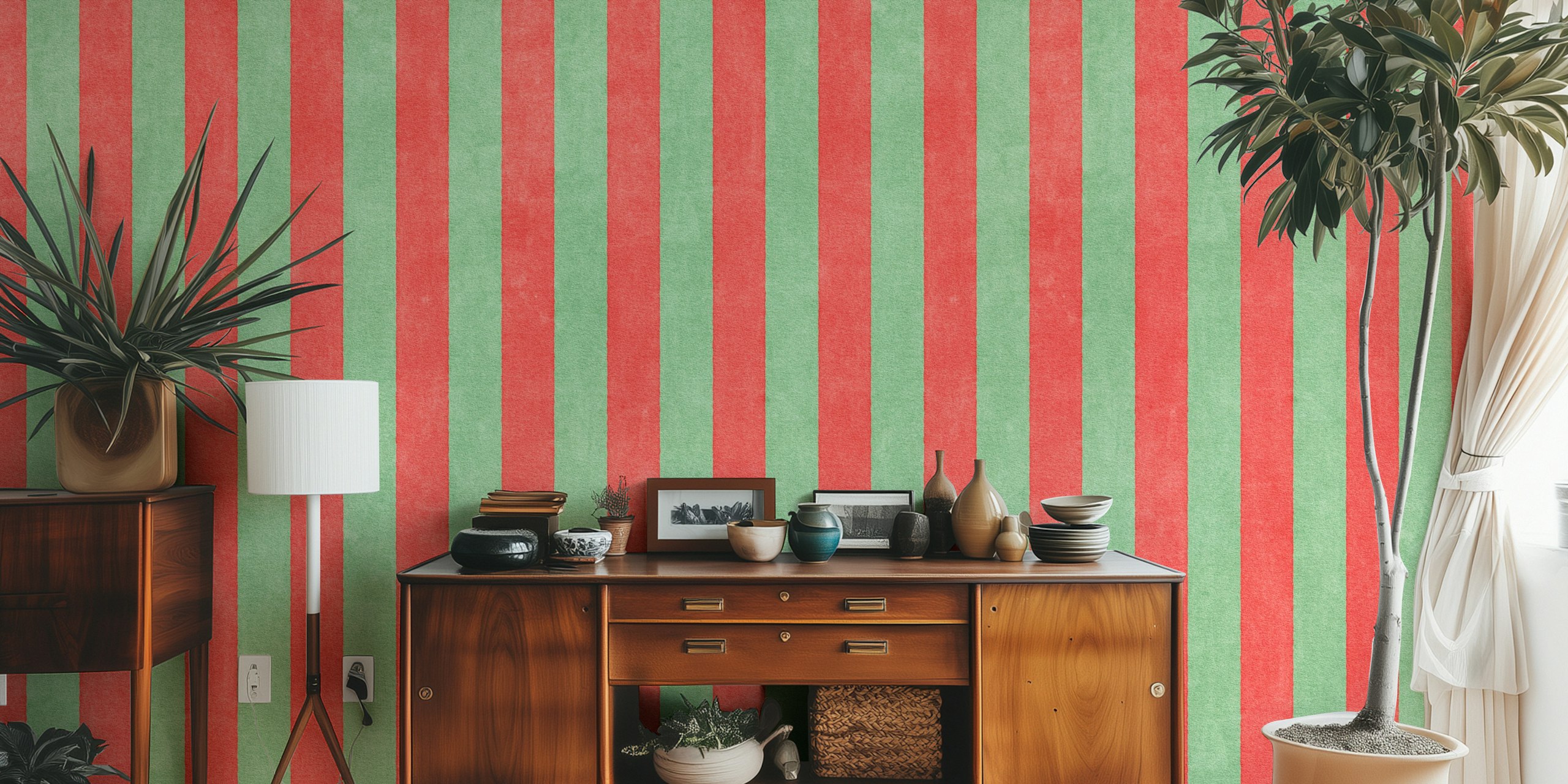 Red and green striped wallpaper featuring bold vertical lines