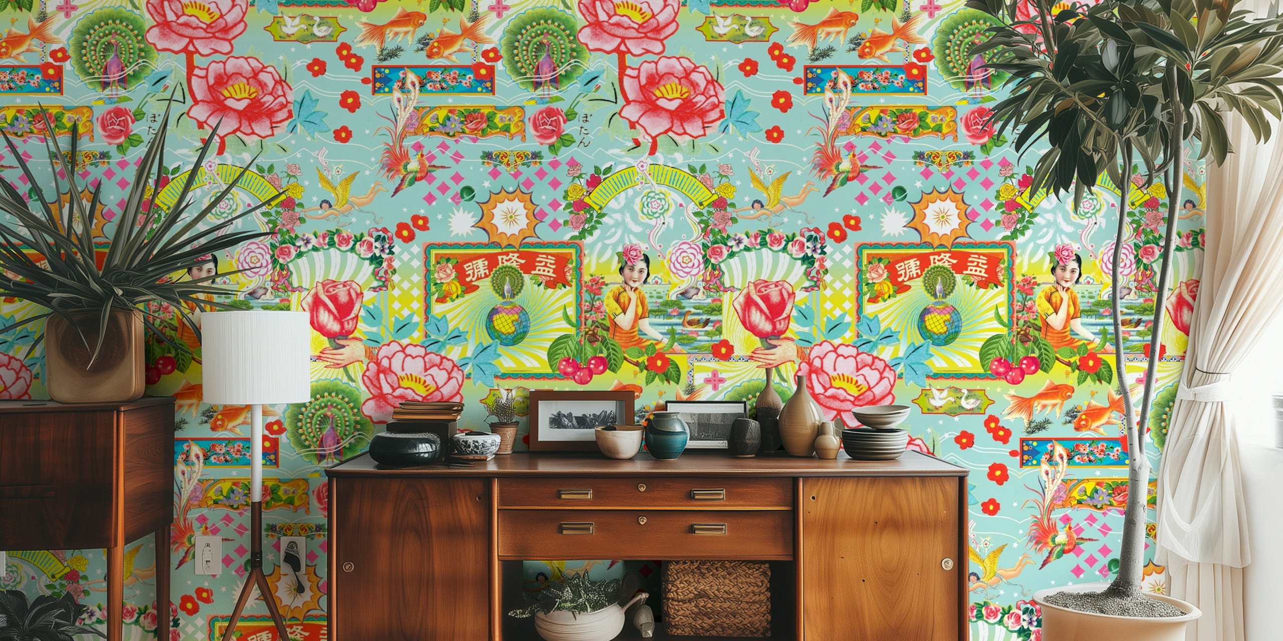 Vintage Asian floral wallpaper featuring colorful flowers and patterns
