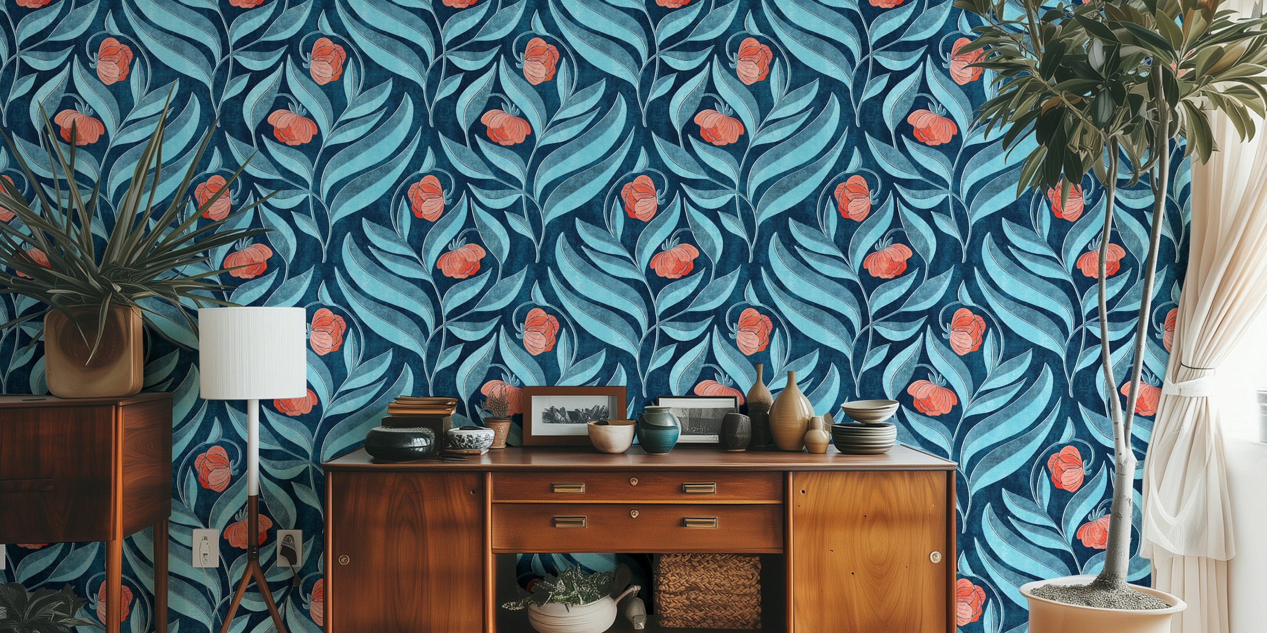 Floral pattern with dark blue leaves and red flowers wallpaper
