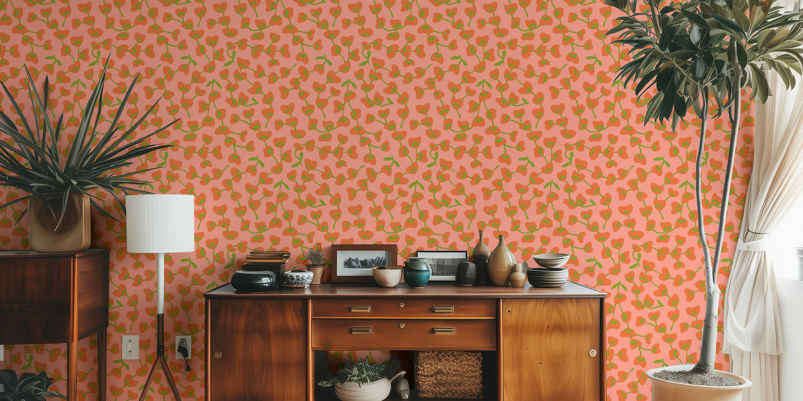 Retro floral design with orange and pink flowers on a blush background wallpaper