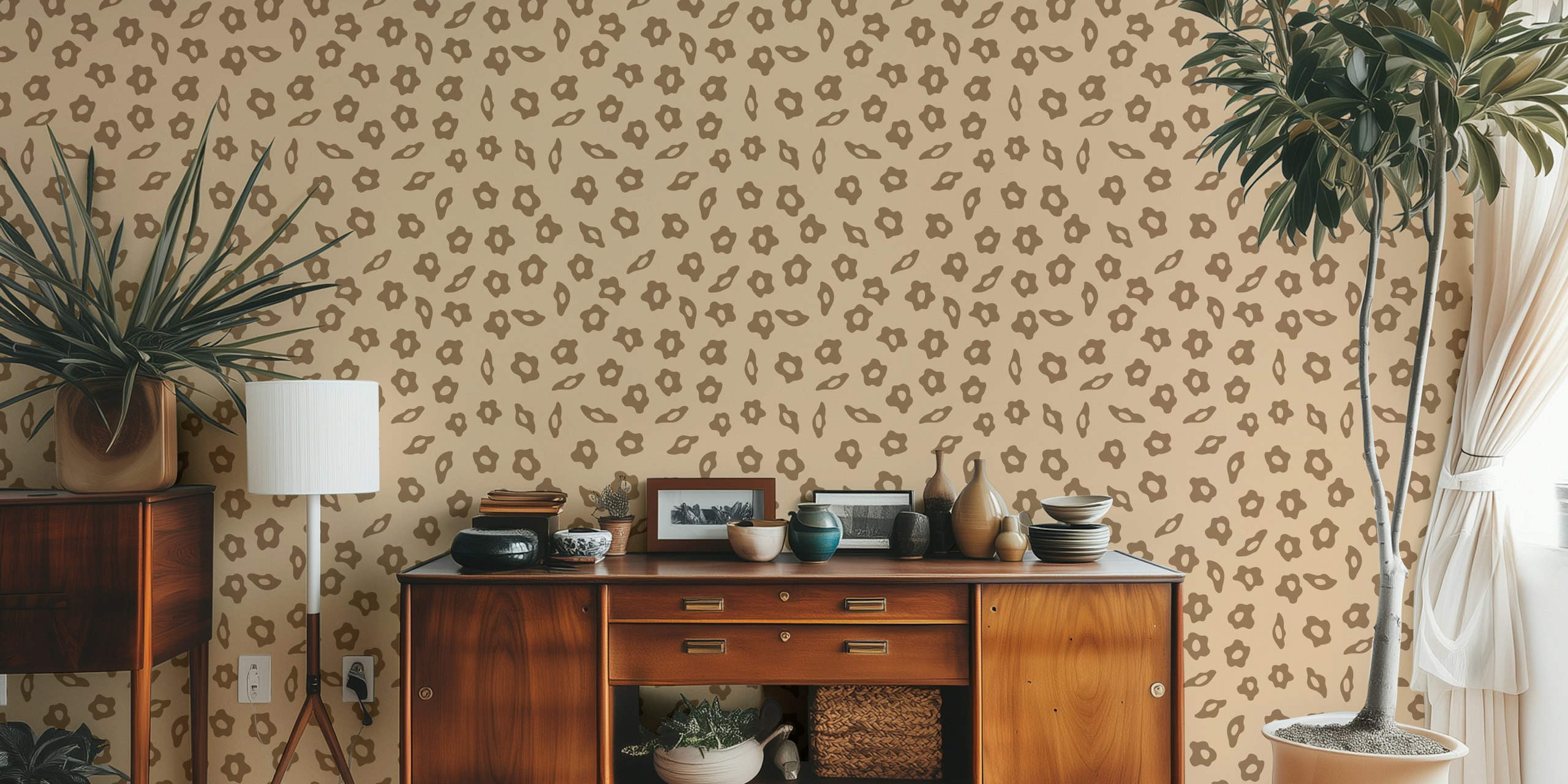 Beige floral pattern with brown motifs wallpaper
