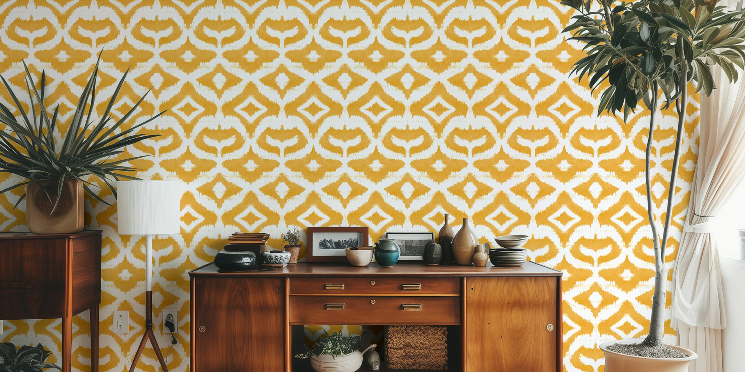 Marigold yellow and white ikat pattern wallpaper