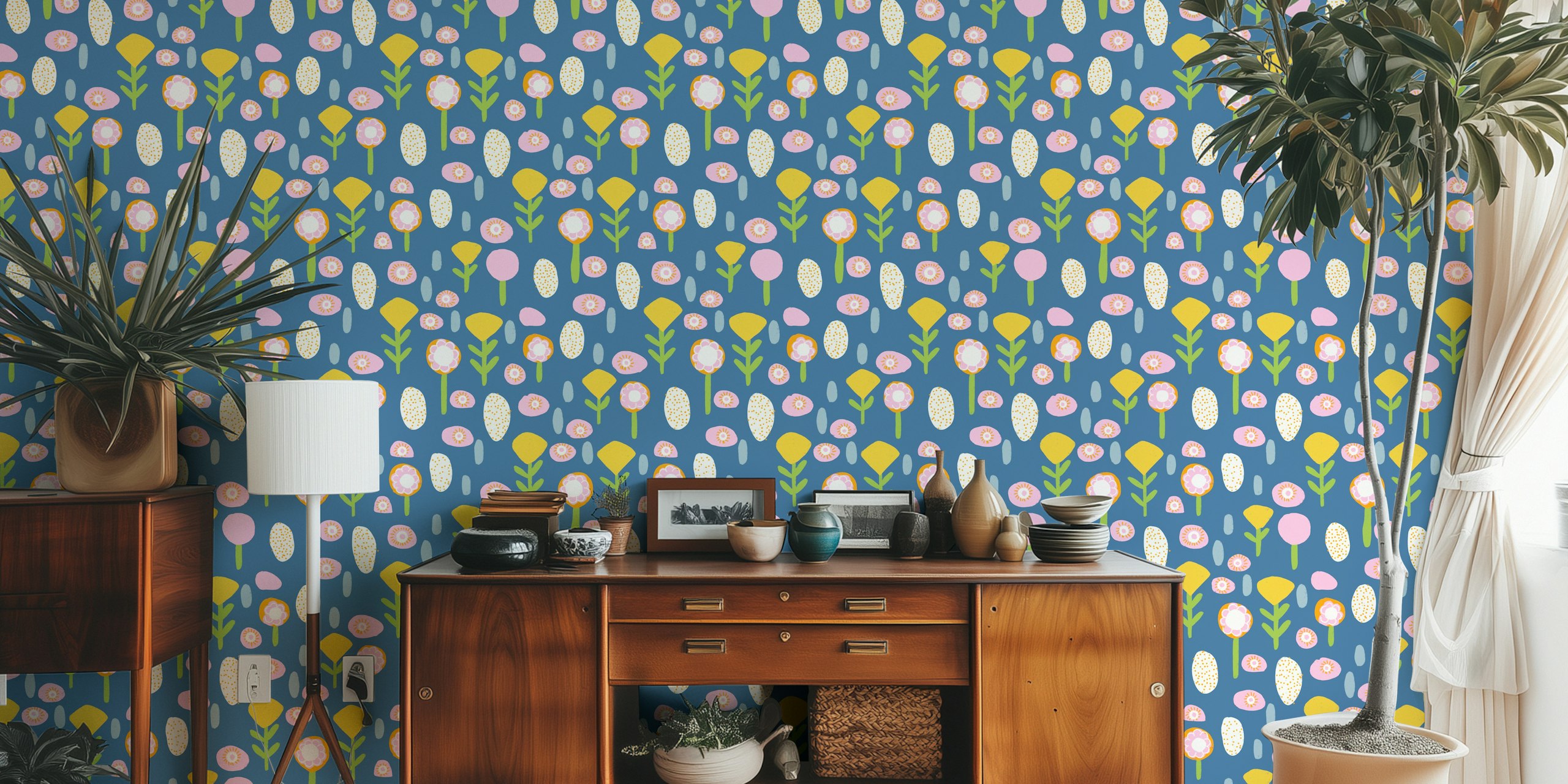 Colorful floral patterns in pink and yellow on blue wallpaper