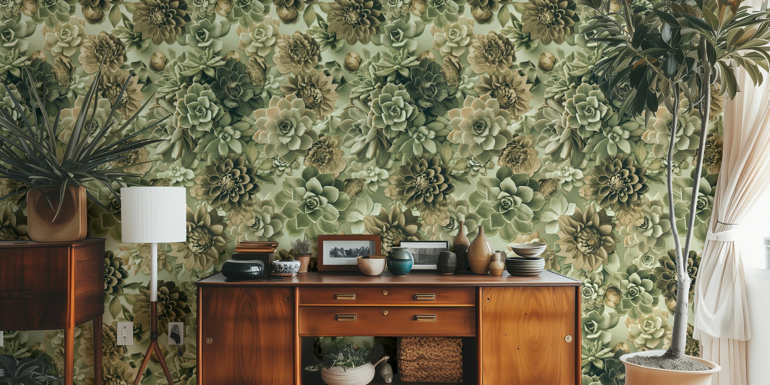 Succulent and flower garden green wallpaper pattern