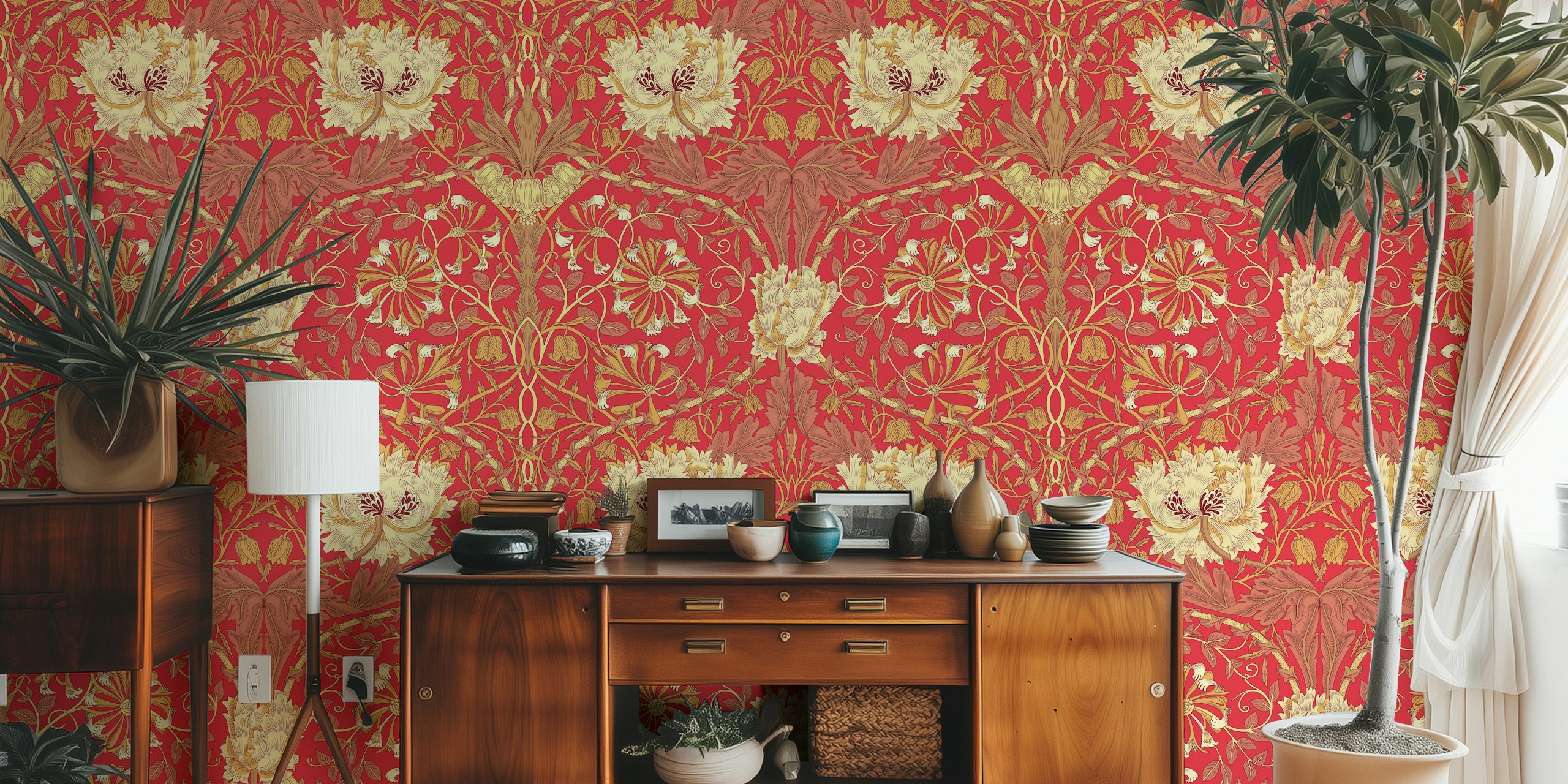 Red and gold floral pattern wallpaper with intricate details