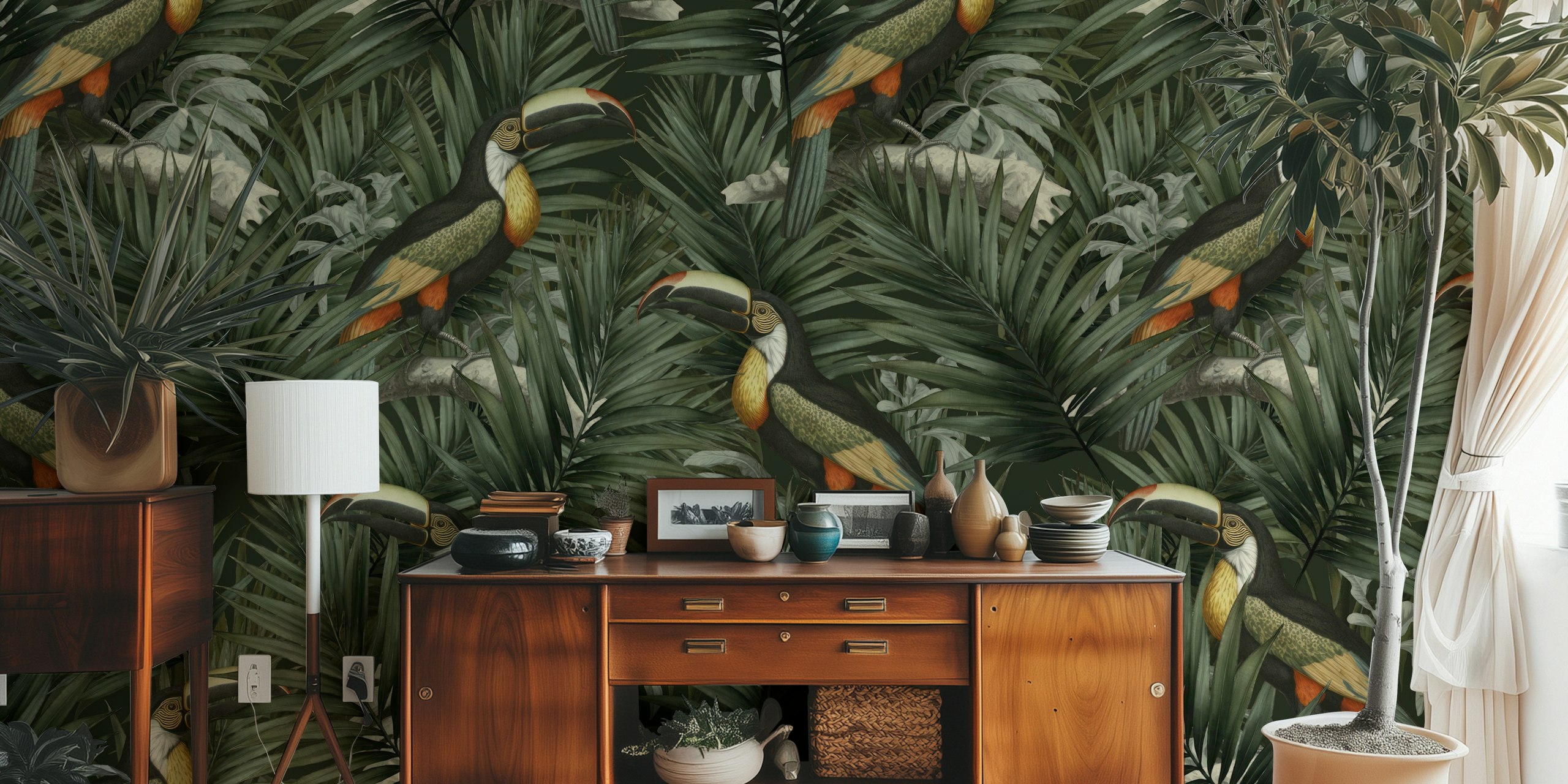 Toucans and tropical foliage wall mural for an exotic interior touch