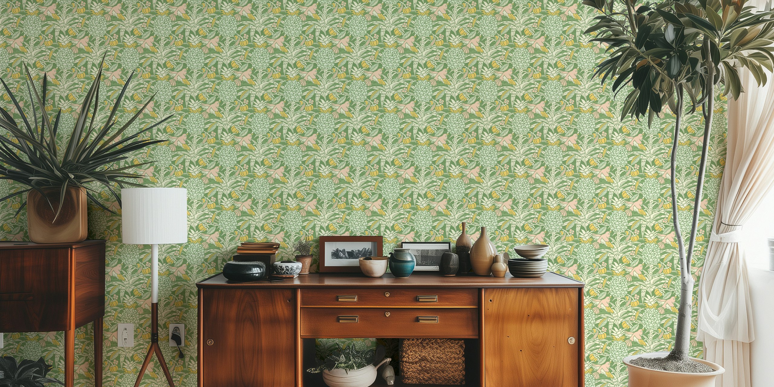 Tropical Damask Wall Mural with Green Motifs