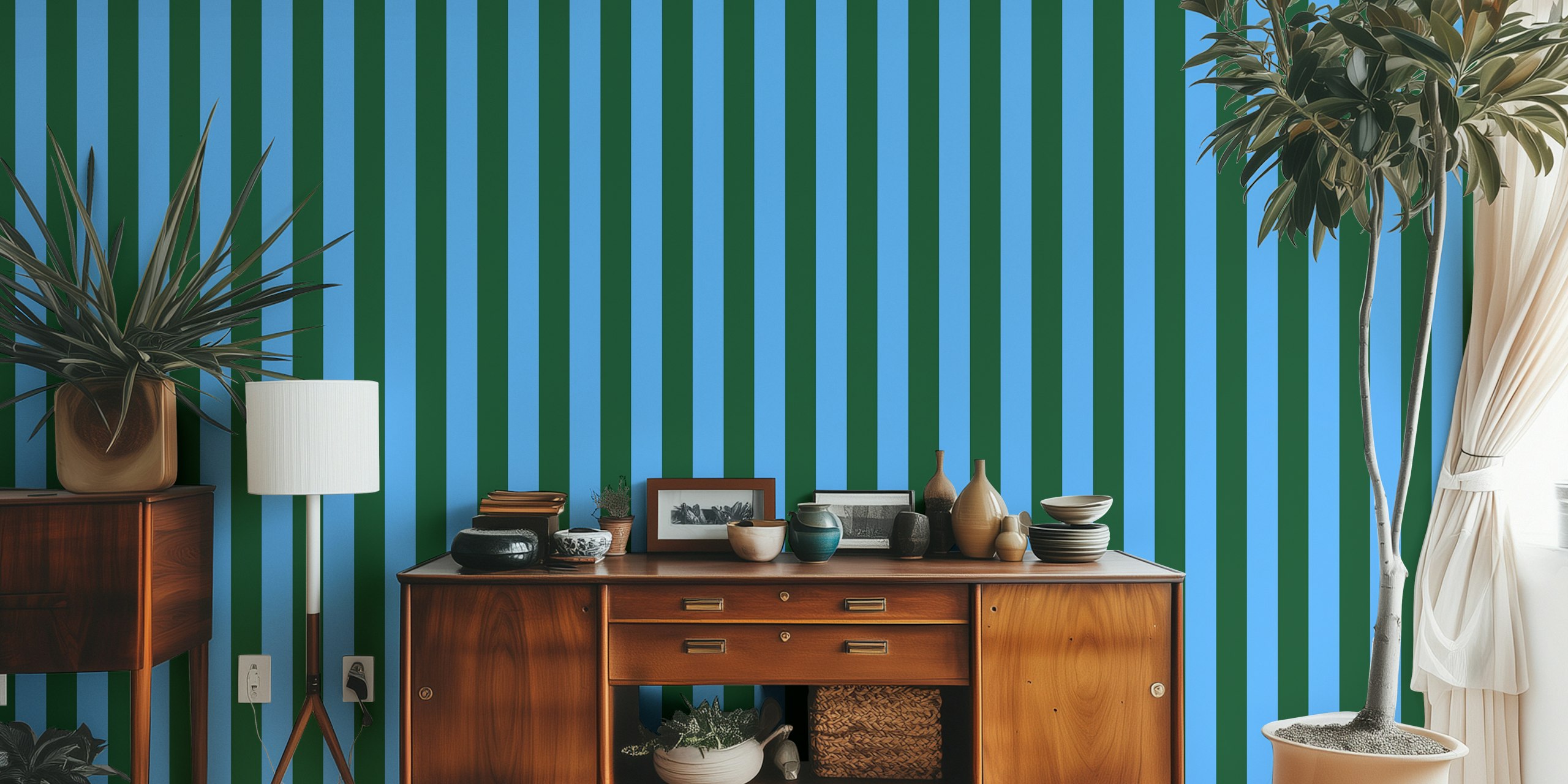 Green and blue stripes wallpaper σε ένα δωμάτιο