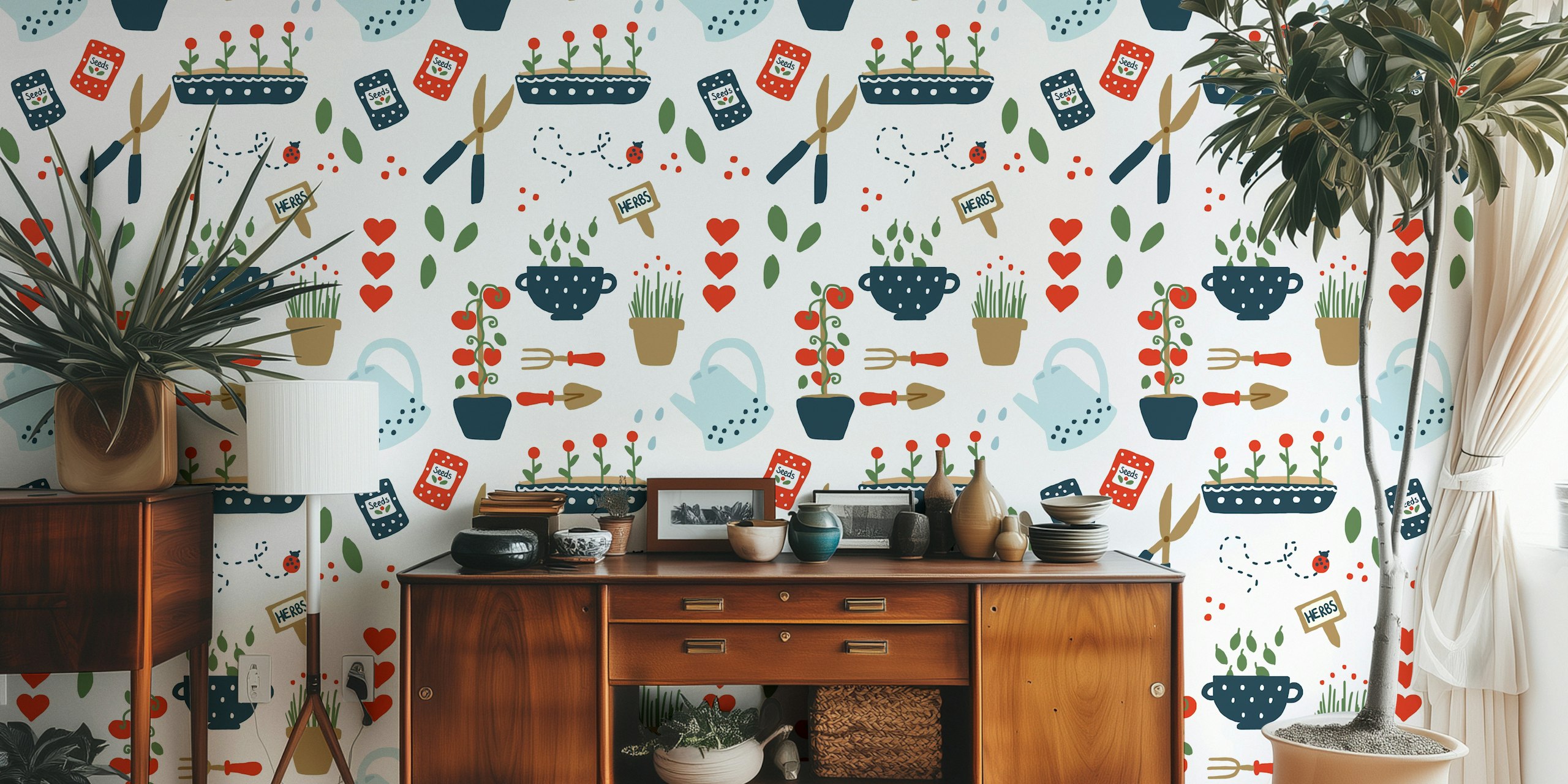 Playful illustration of garden tools, potted herbs, and gardening elements on a wall mural