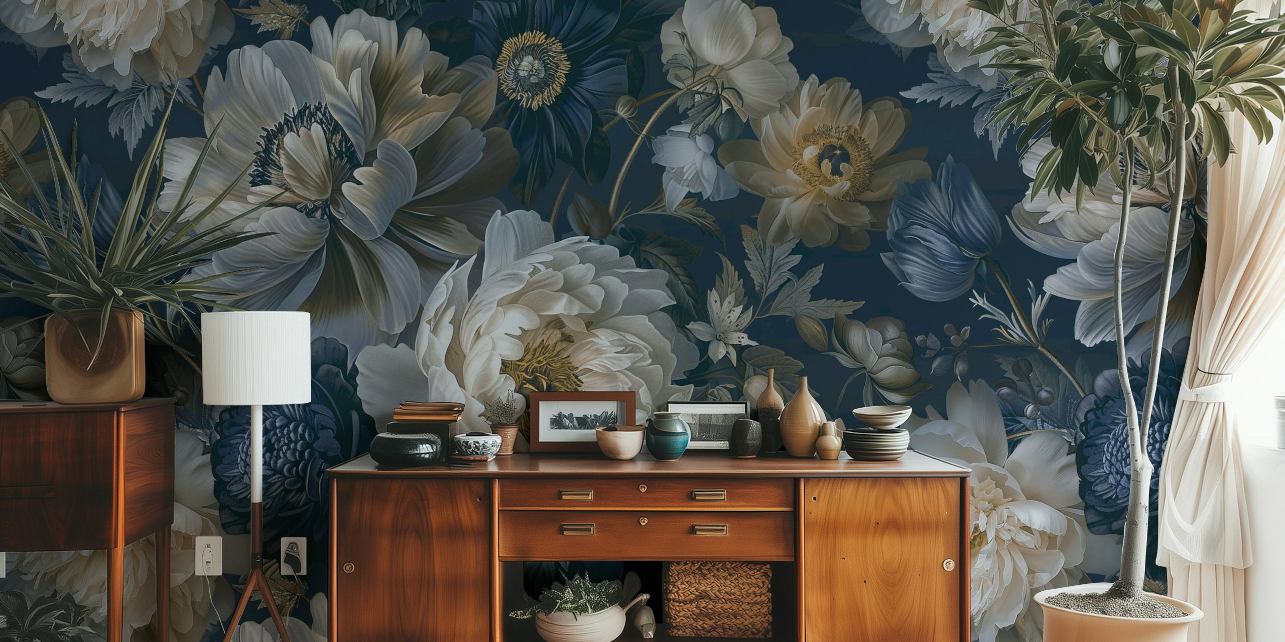 Bloomy Baroque Regency Flowers Tapete in einem Raum