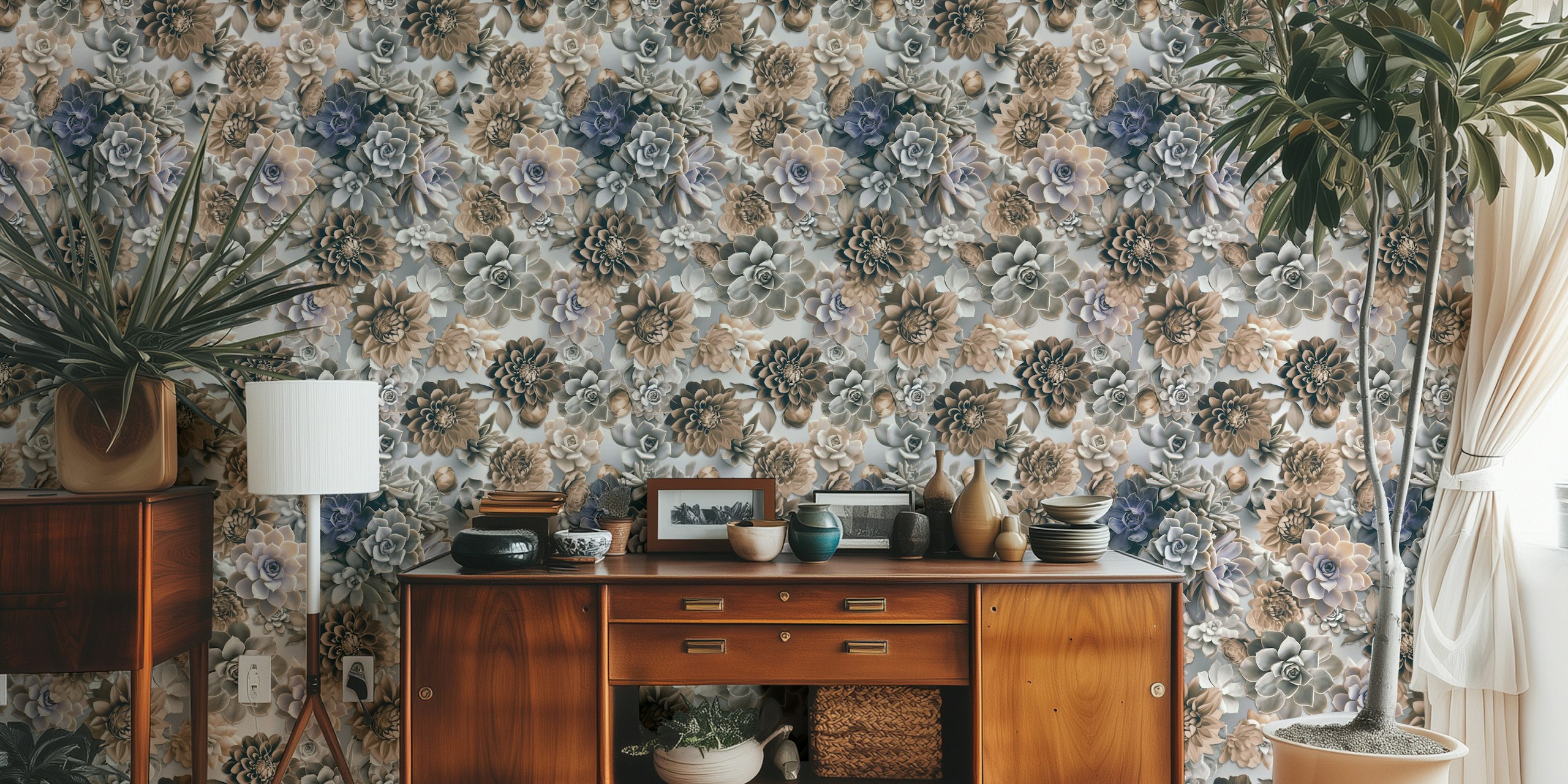 Succulent and flower wallpaper in a room