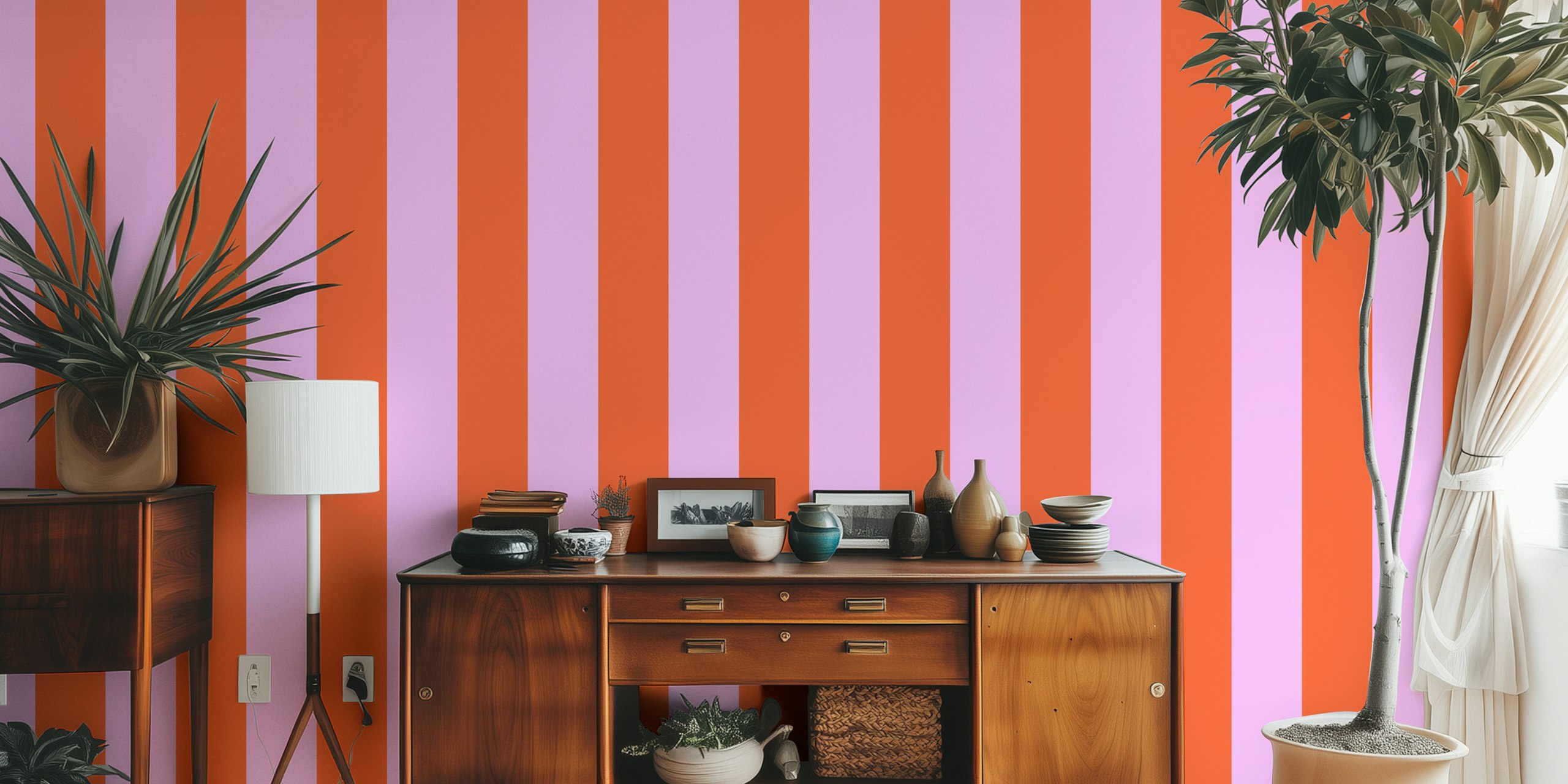 Vintage pink and lavender striped wallpaper in a room