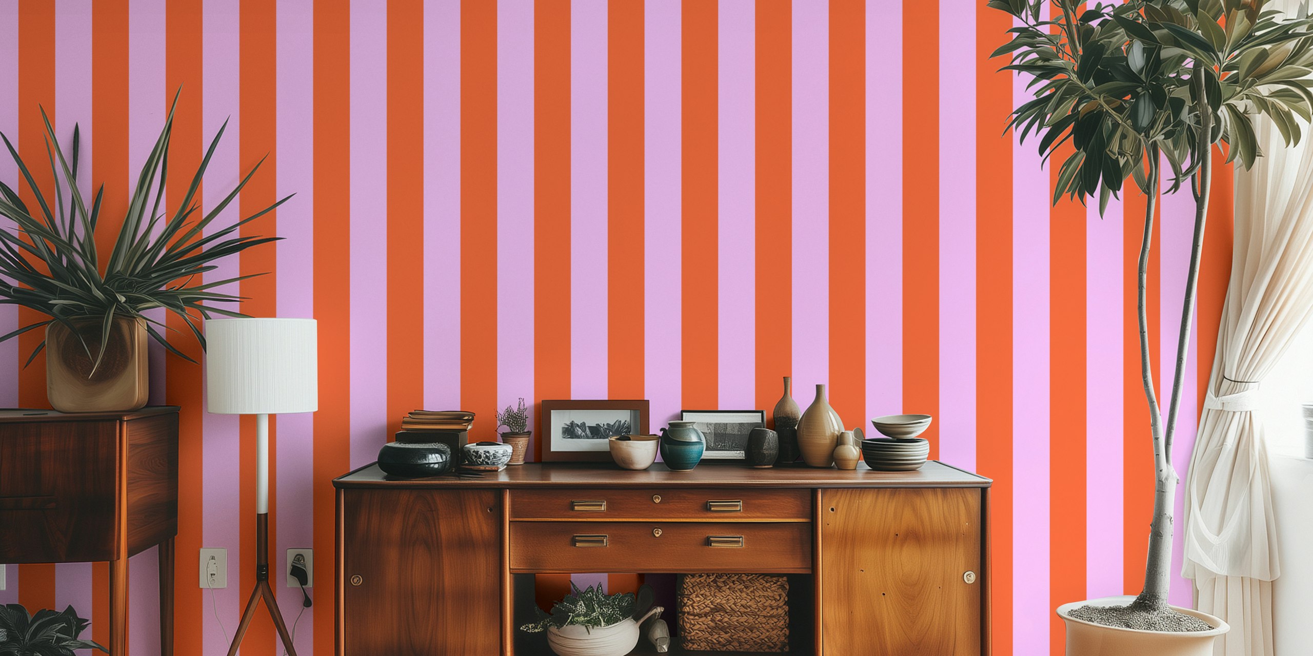 Pink and lavender vertical striped wallpaper