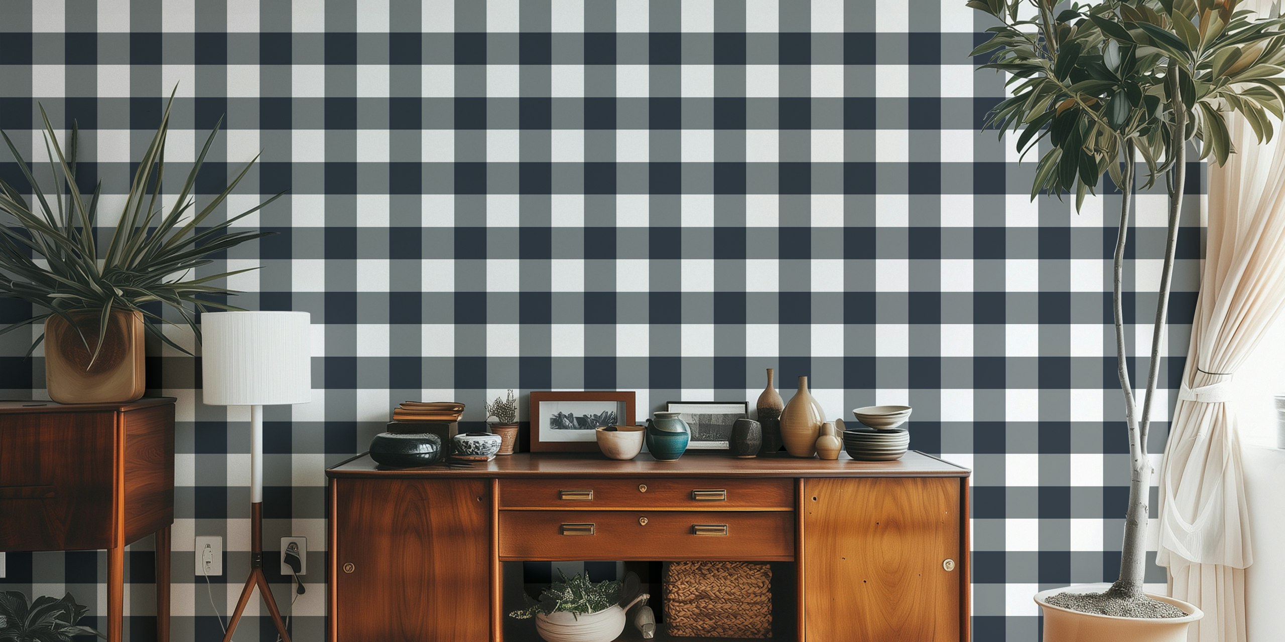 Ταπετσαρία Dark Blueberry Gingham που εμφανίζεται σε ένα δωμάτιο