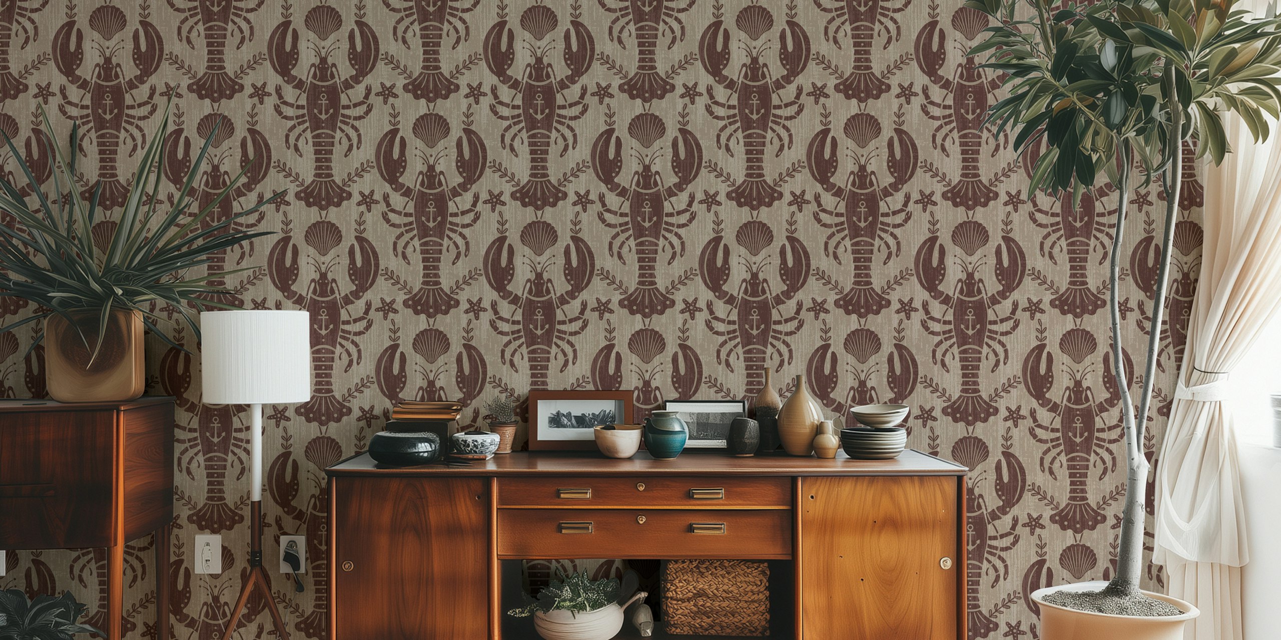 Rustic lobster with anchor wallpaper in a room