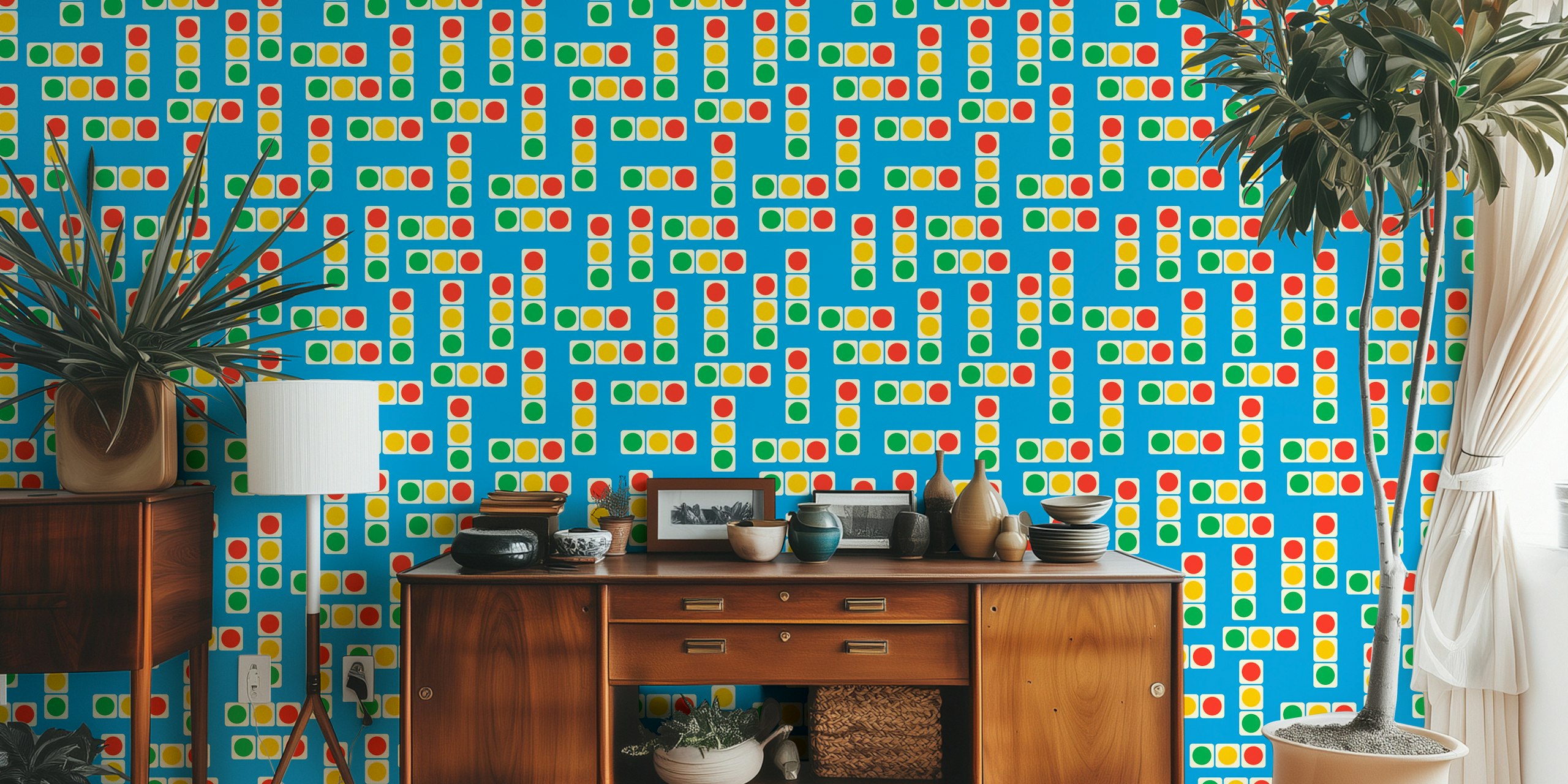 Geometric traffic light pattern in red, yellow, green on blue wallpaper