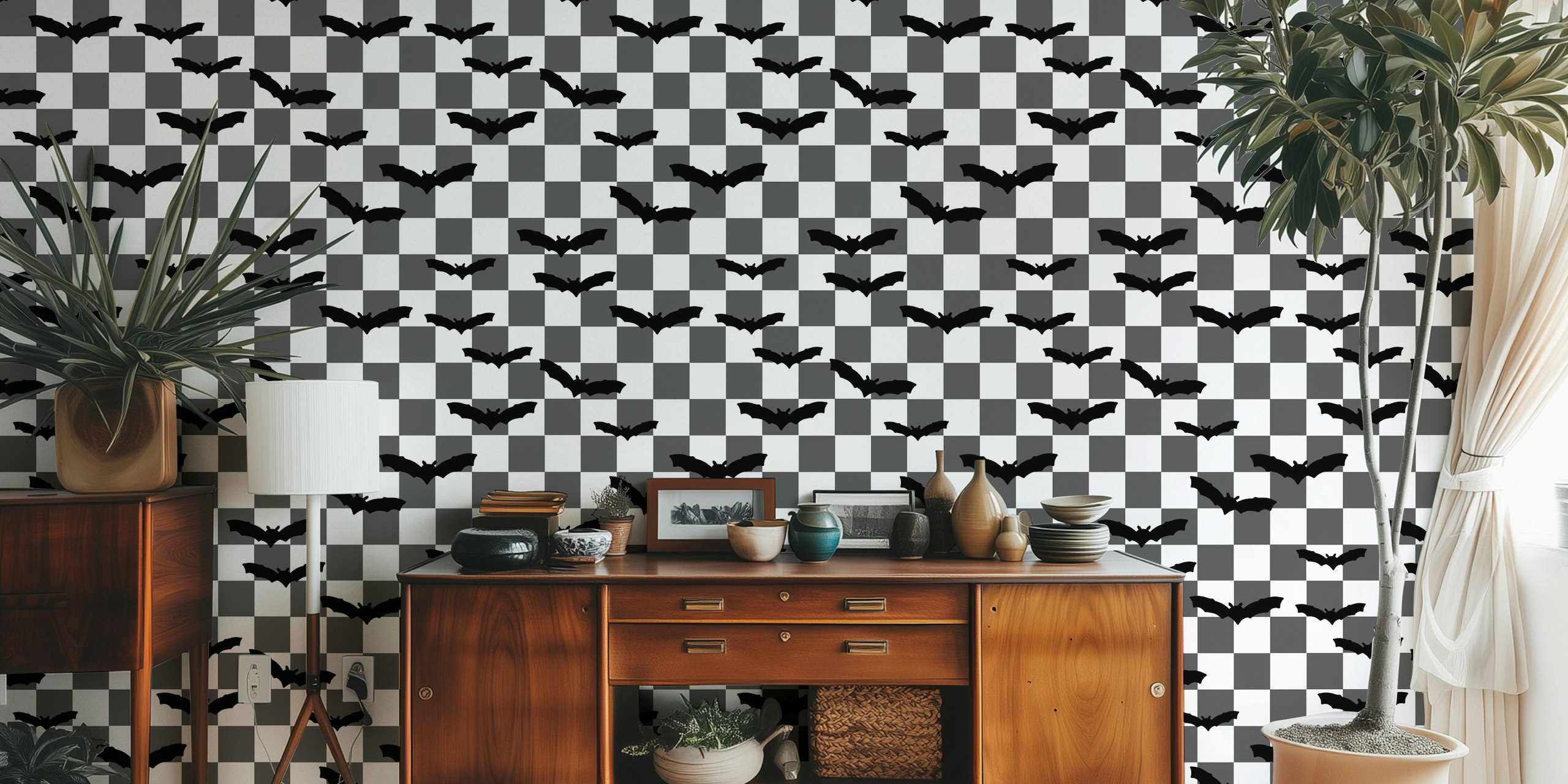 Black bats on grey checkerboard wallpaper design