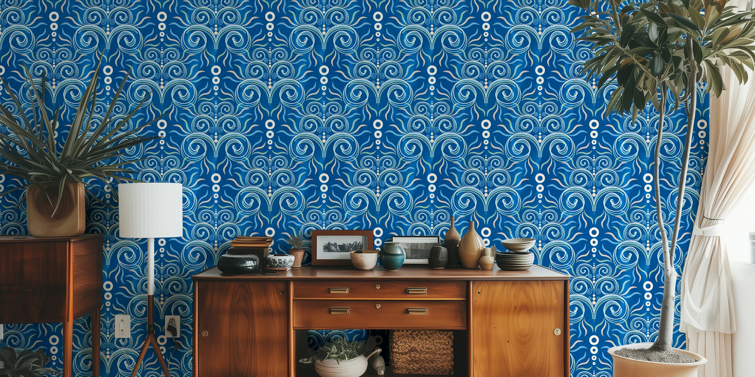Botanical floral pattern in shades of blue and white wallpaper