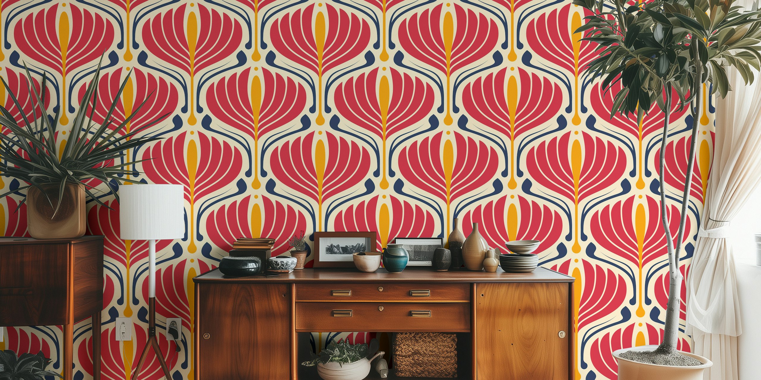 Vintage Retro Floral Pattern Wall Mural in Red, Cream, and Navy
