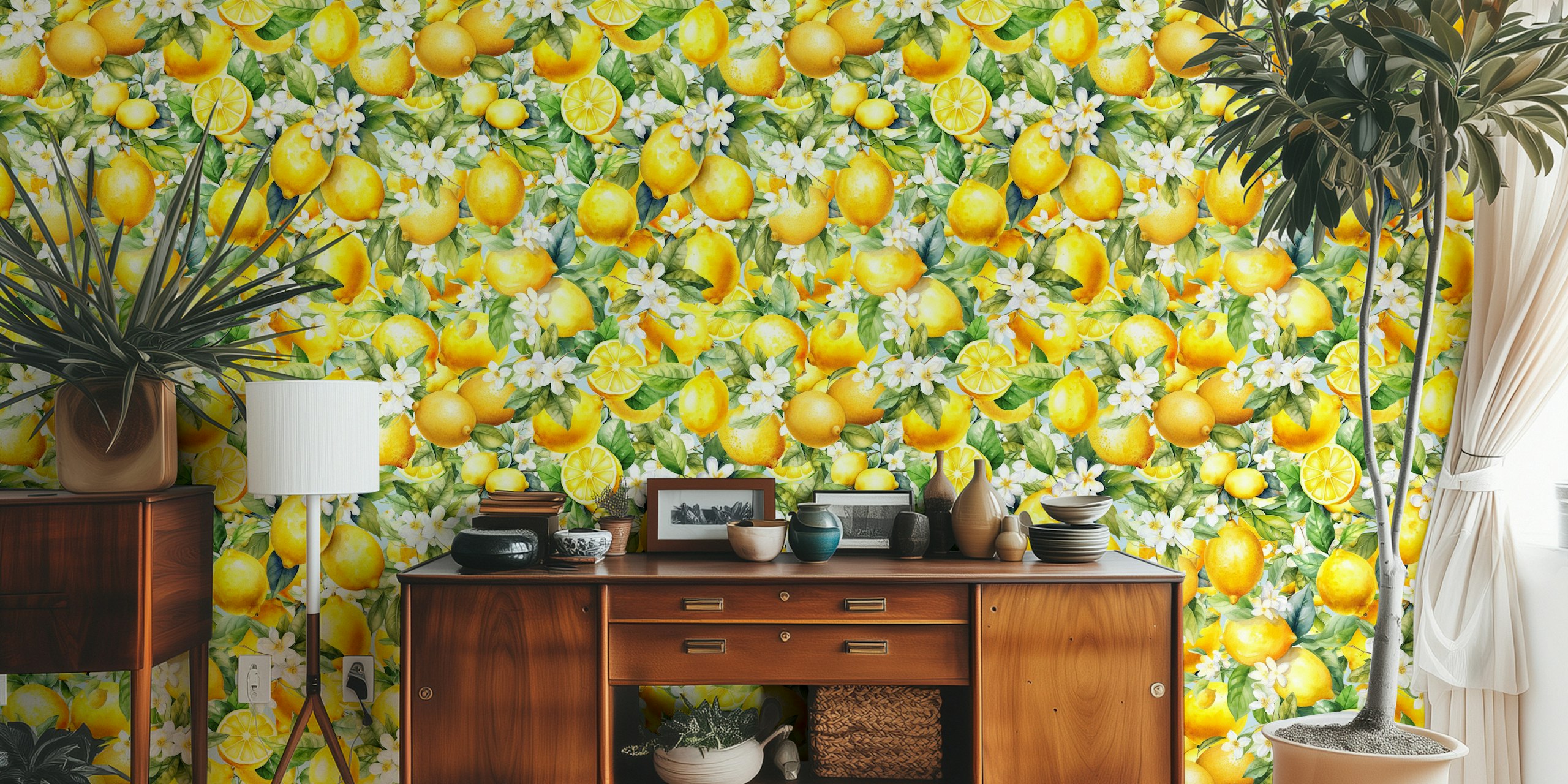 Lemon and white flower pattern on light background wallpaper