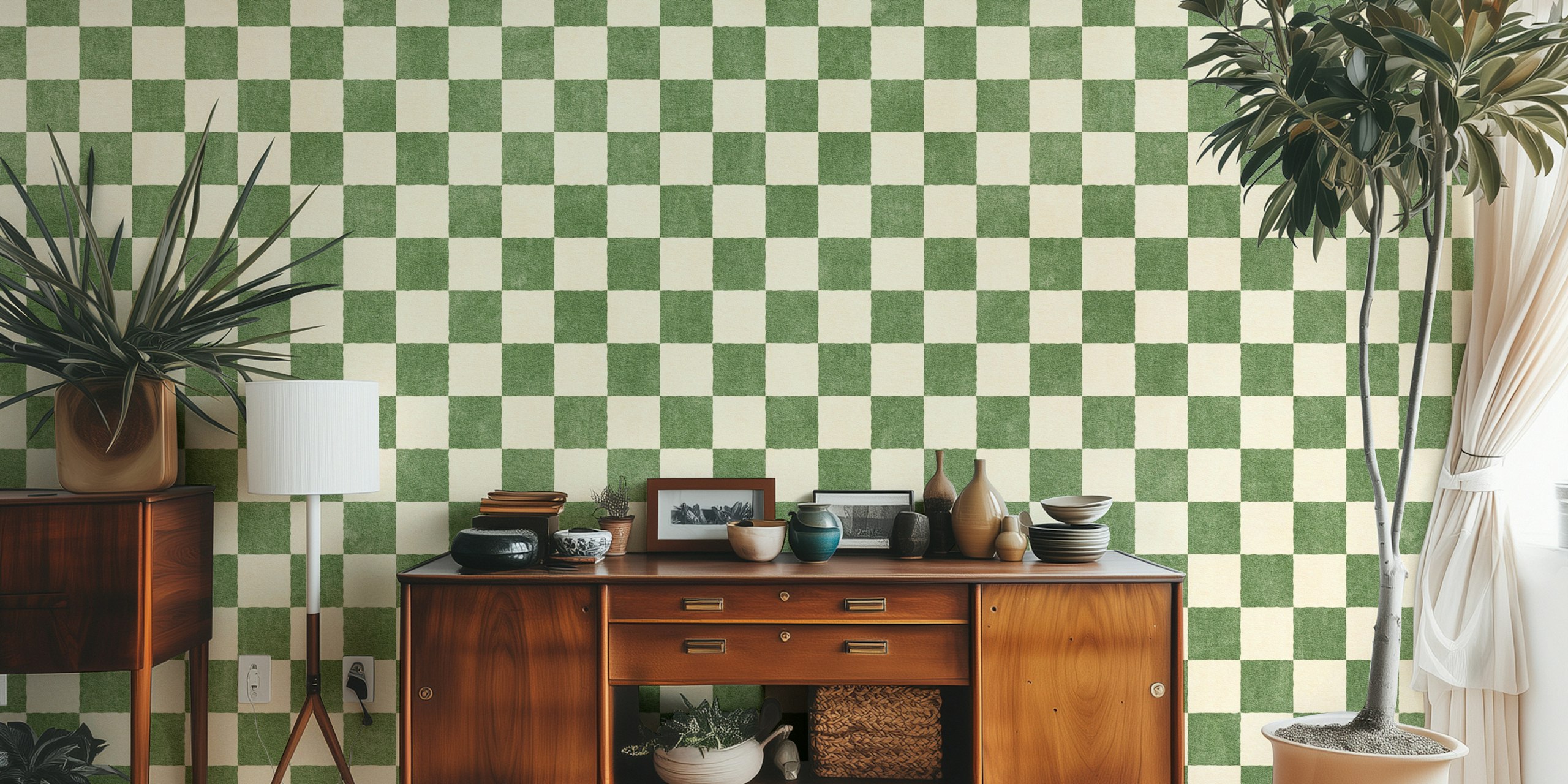 Olive green and cream checkerboard pattern wallpaper