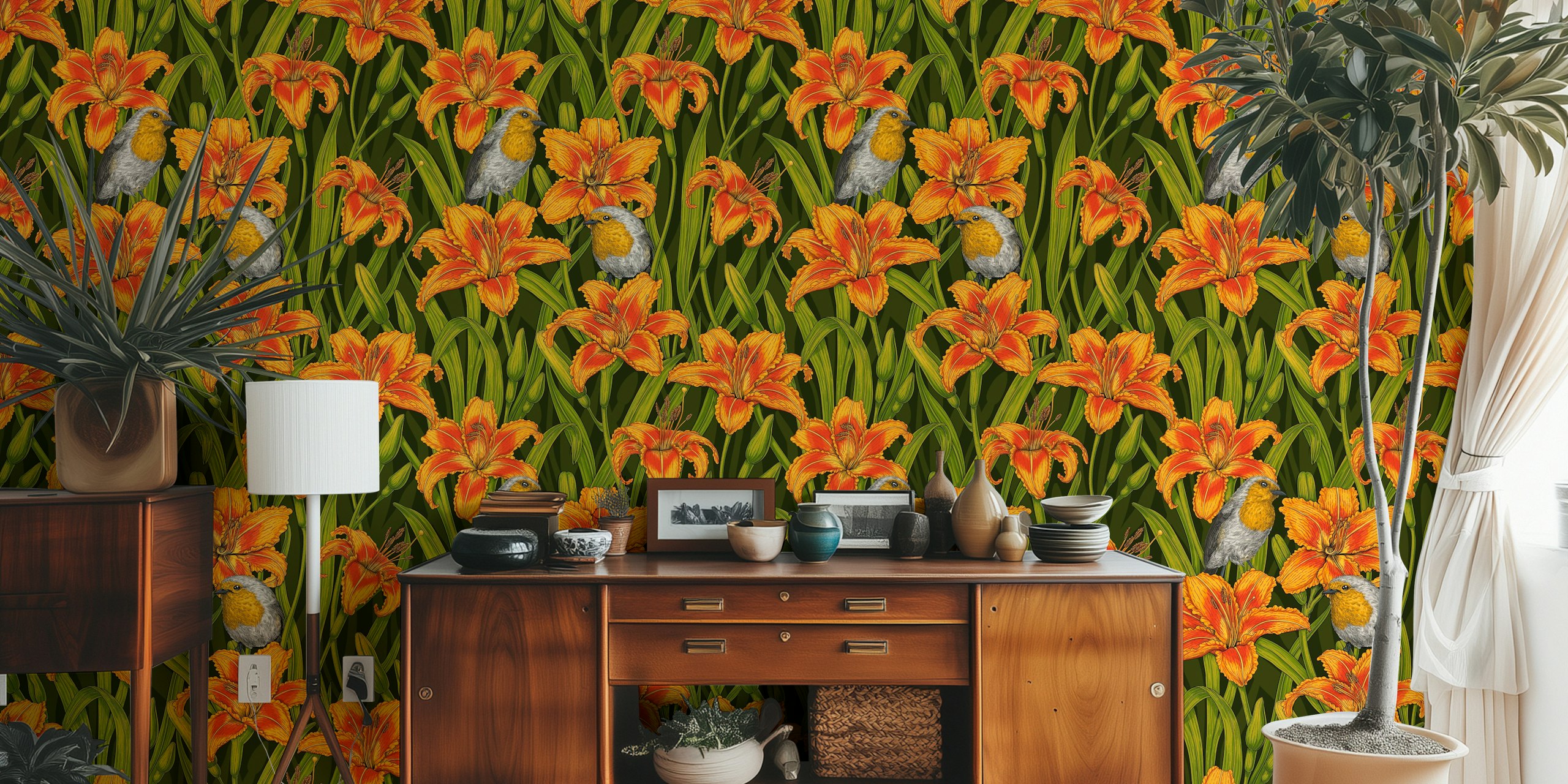 Tapeta Robins a lily flowers v pokoji