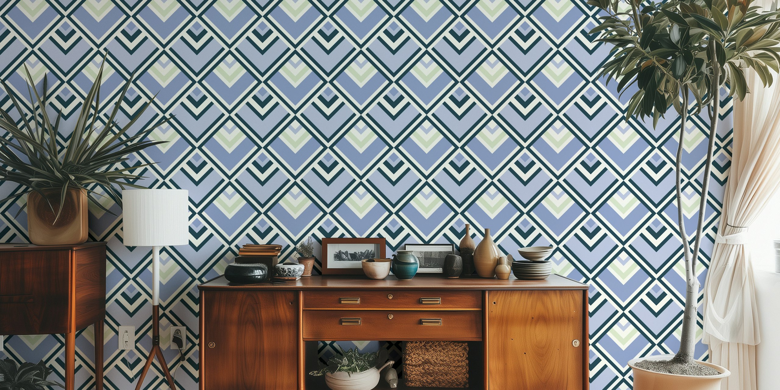 Geometric blue diamond pattern on cream wallpaper