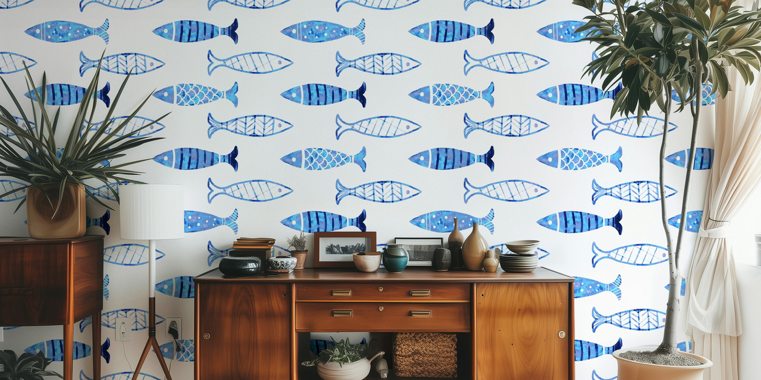 Playful blue fish pattern on white background wallpaper