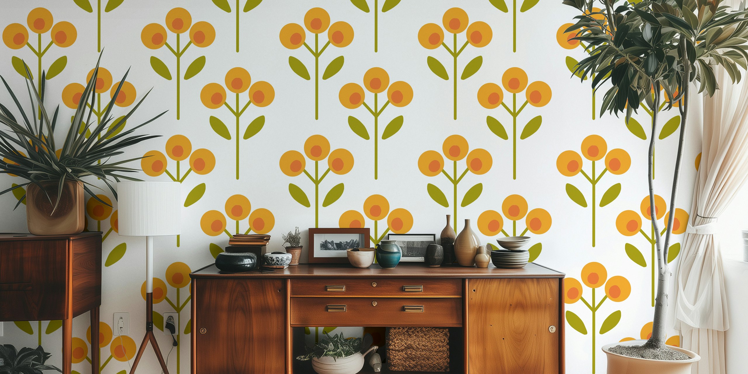 Colorful yellow floral pattern with green leaves wallpaper
