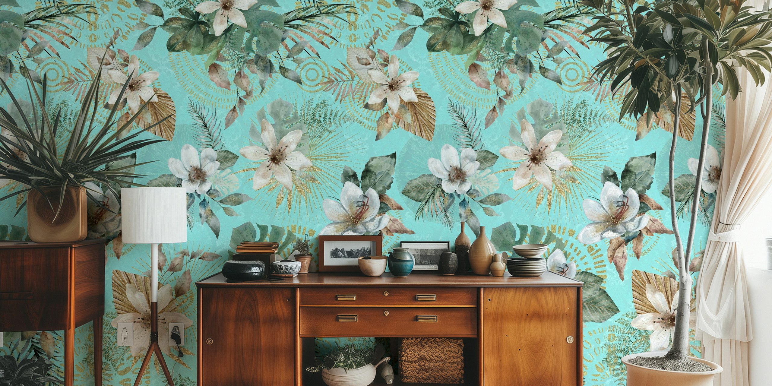 Boemska cvjetna tapeta u tirkiznoj boji